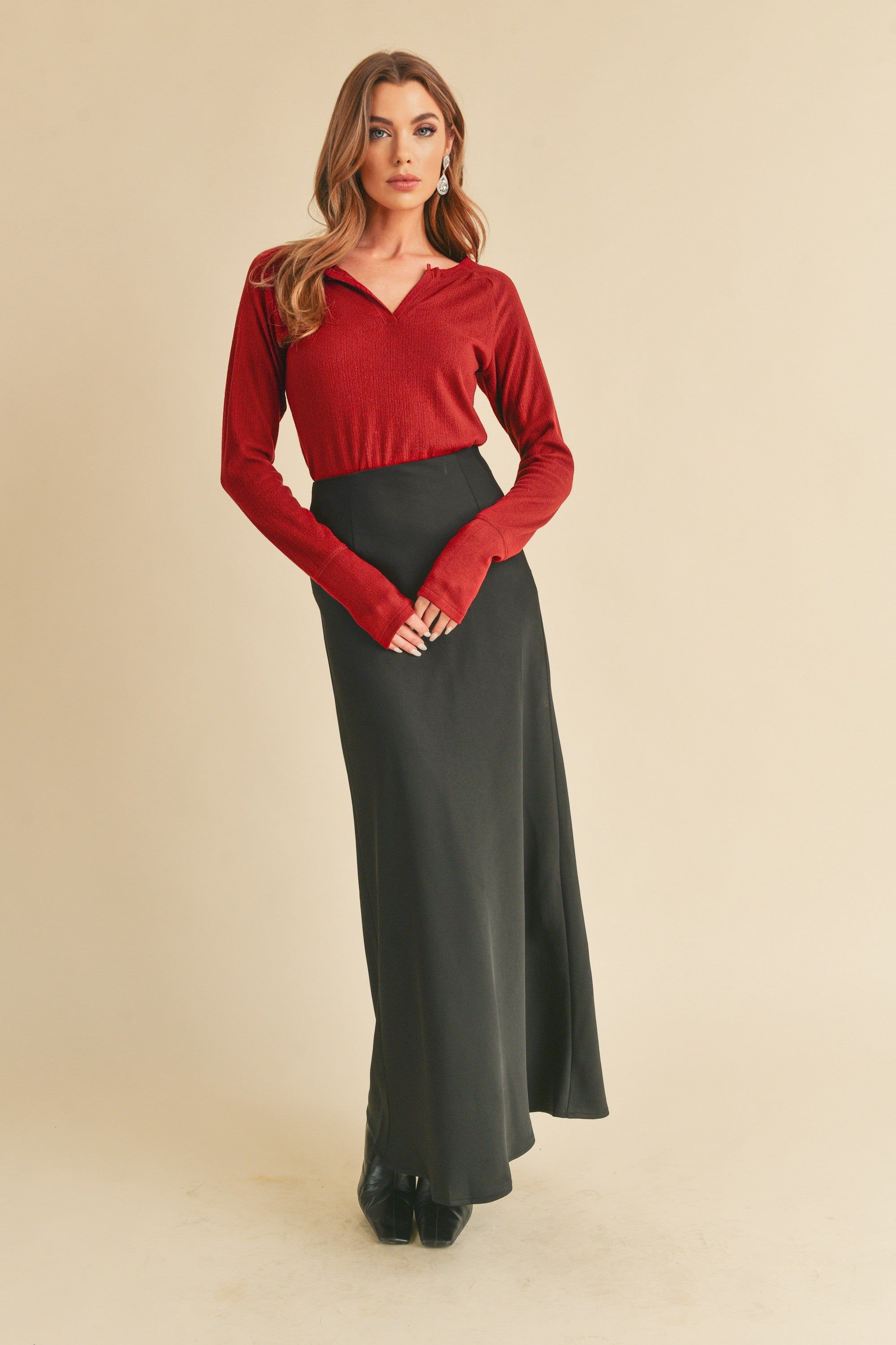 Burgundy Long Sleeve V-Neck Top sold by Pinkblush product image thumbnail 3