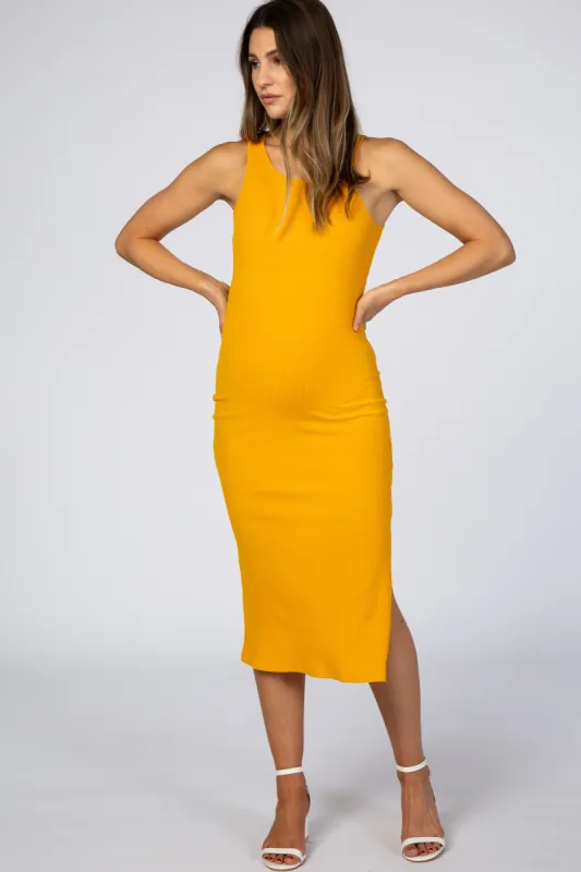 Yellow Ribbed Maternity Midi Dress sold by Pinkblush