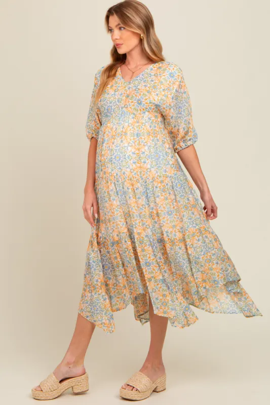 Orange Floral Border Print V-Neck Tiered Maternity Midi Dress sold by Pinkblush