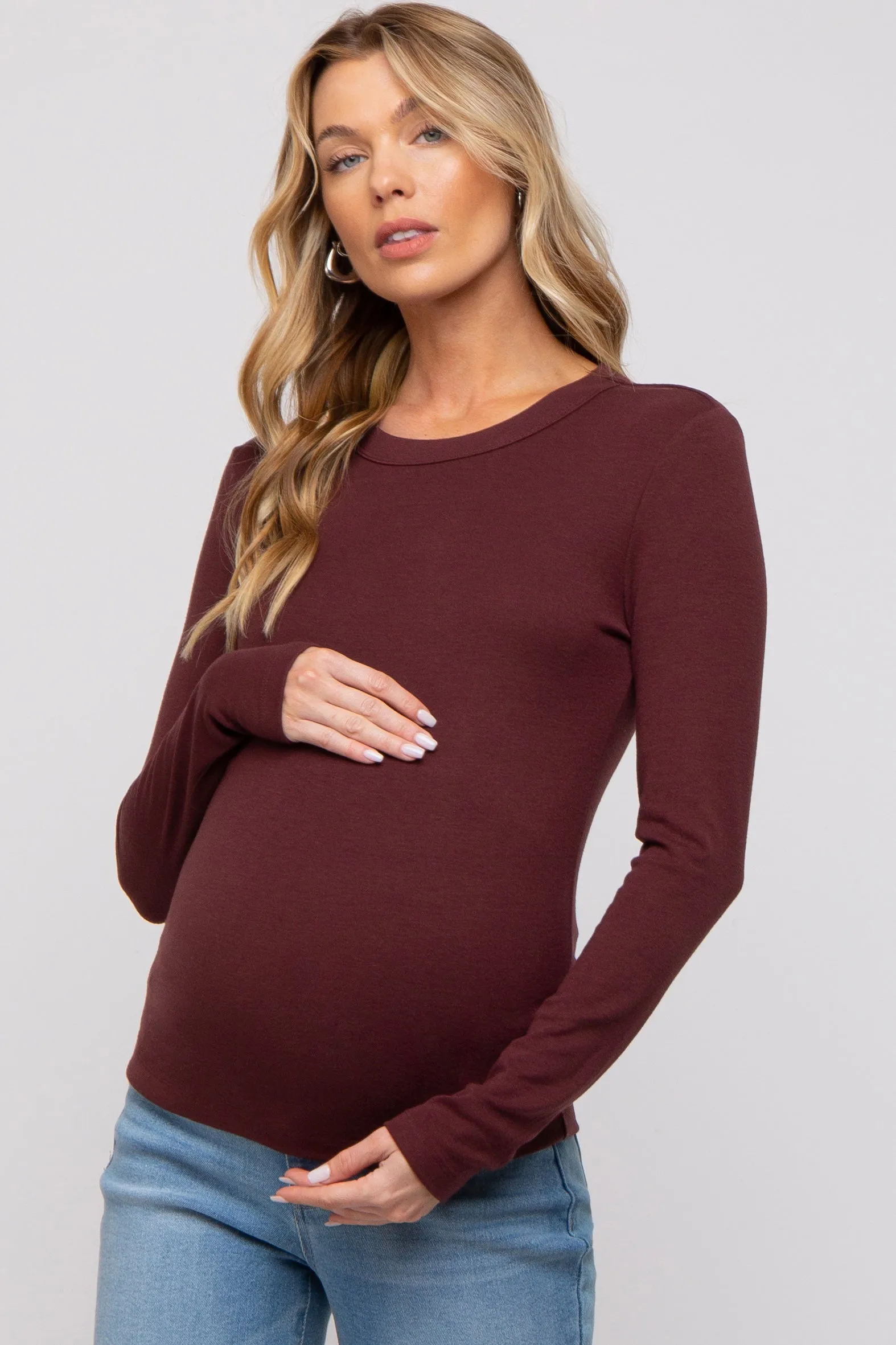 Burgundy Long Sleeve Maternity Top sold by Pinkblush