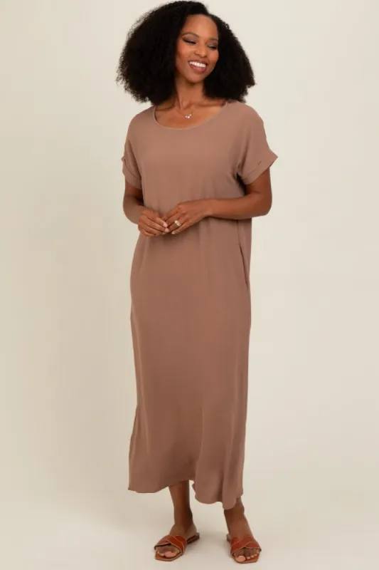 Mocha Rolled Cuff Midi Dress sold by Pinkblush