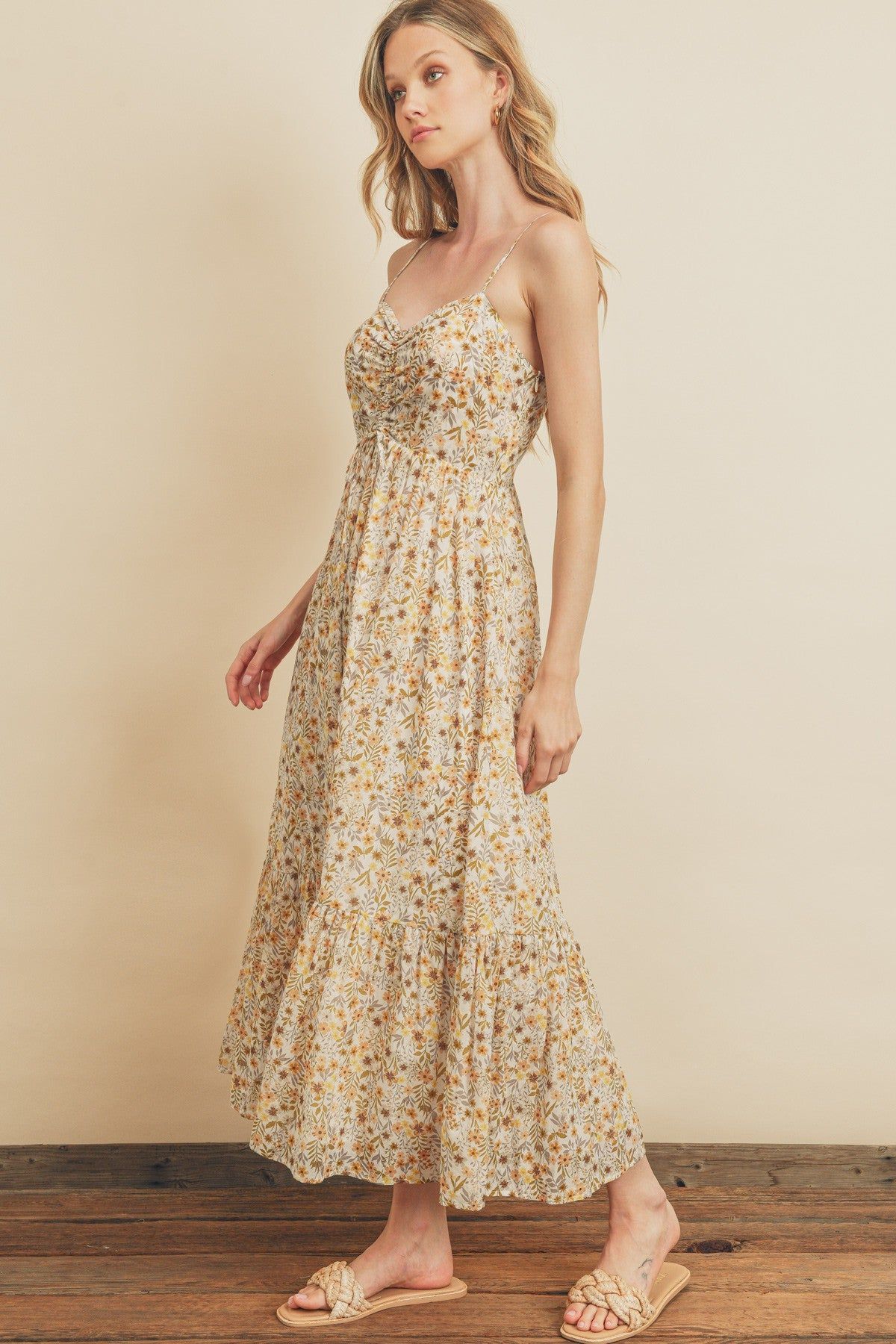 Cream Floral Cinched Top A-Line Maxi Dress sold by Pinkblush product image thumbnail 2