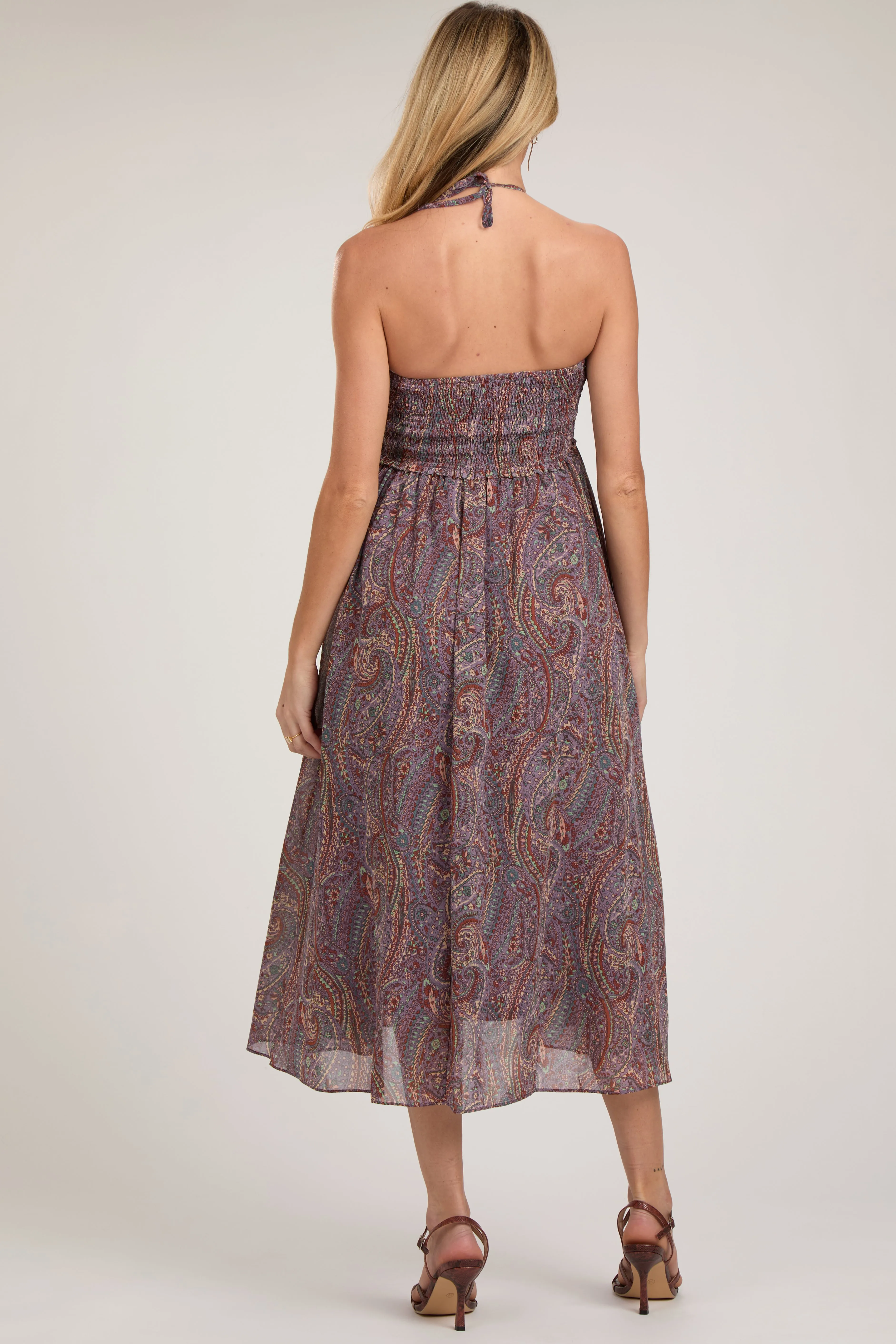 Purple Paisley Halter Smocked Maternity Midi Dress sold by Pinkblush product image thumbnail 4
