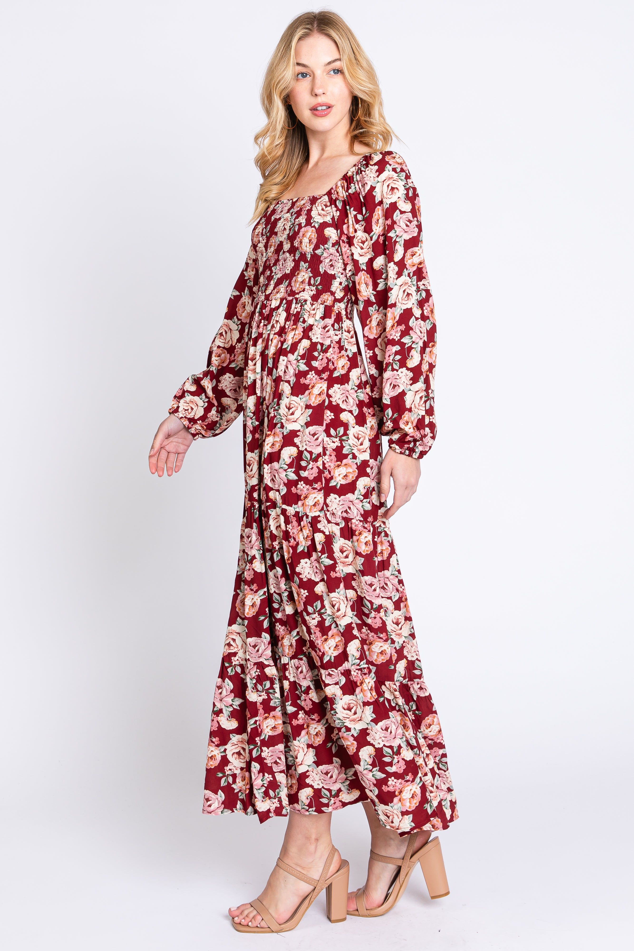 Burgundy Floral Long Sleeve Maxi Dress sold by Pinkblush product image thumbnail 2