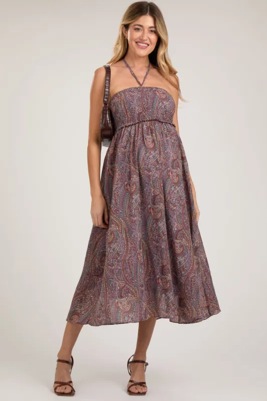 Purple Paisley Halter Smocked Maternity Midi Dress sold by Pinkblush