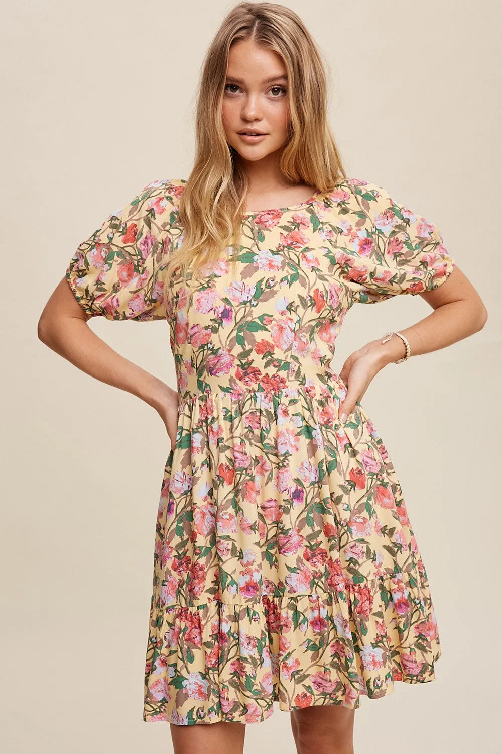 Cream Floral Print Puff Sleeve Dress With Back Tie sold by Pinkblush