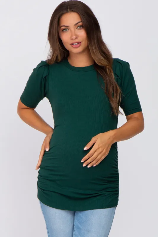 Hunter Green Ribbed Ruched Fitted Maternity Top sold by Pinkblush