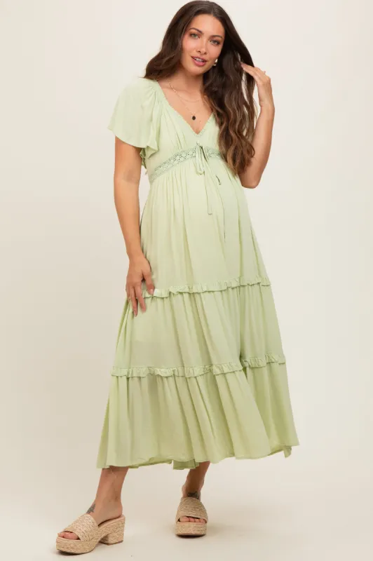 Sage Crochet Lace Tiered Ruffle Maternity Maxi Dress sold by Pinkblush