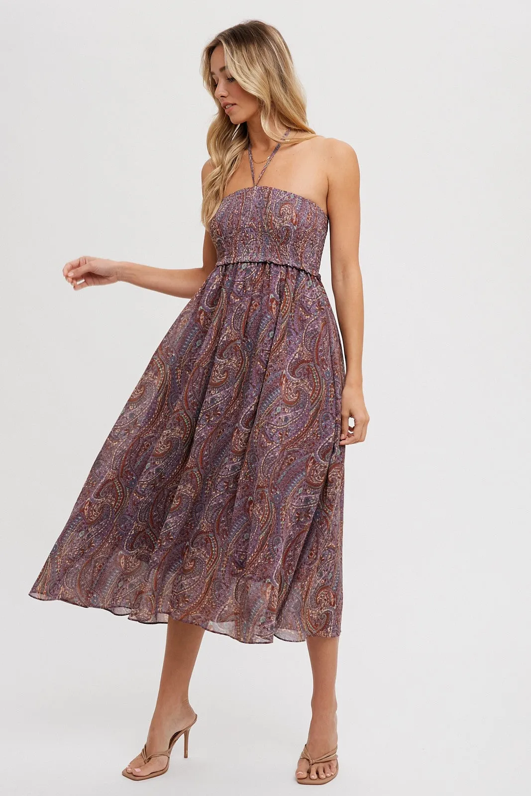 Purple Paisley Halter Smocked Maternity Midi Dress sold by Pinkblush product image thumbnail 5