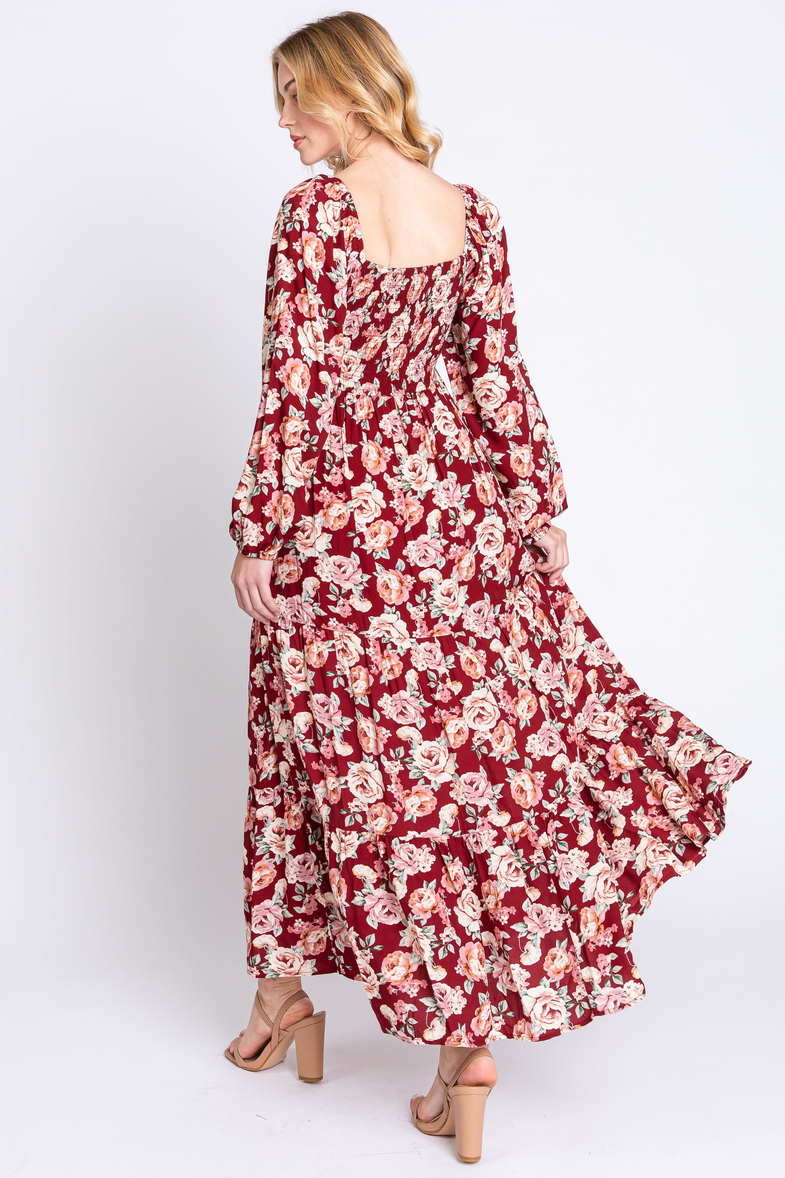 Burgundy Floral Long Sleeve Maxi Dress sold by Pinkblush product image thumbnail 3
