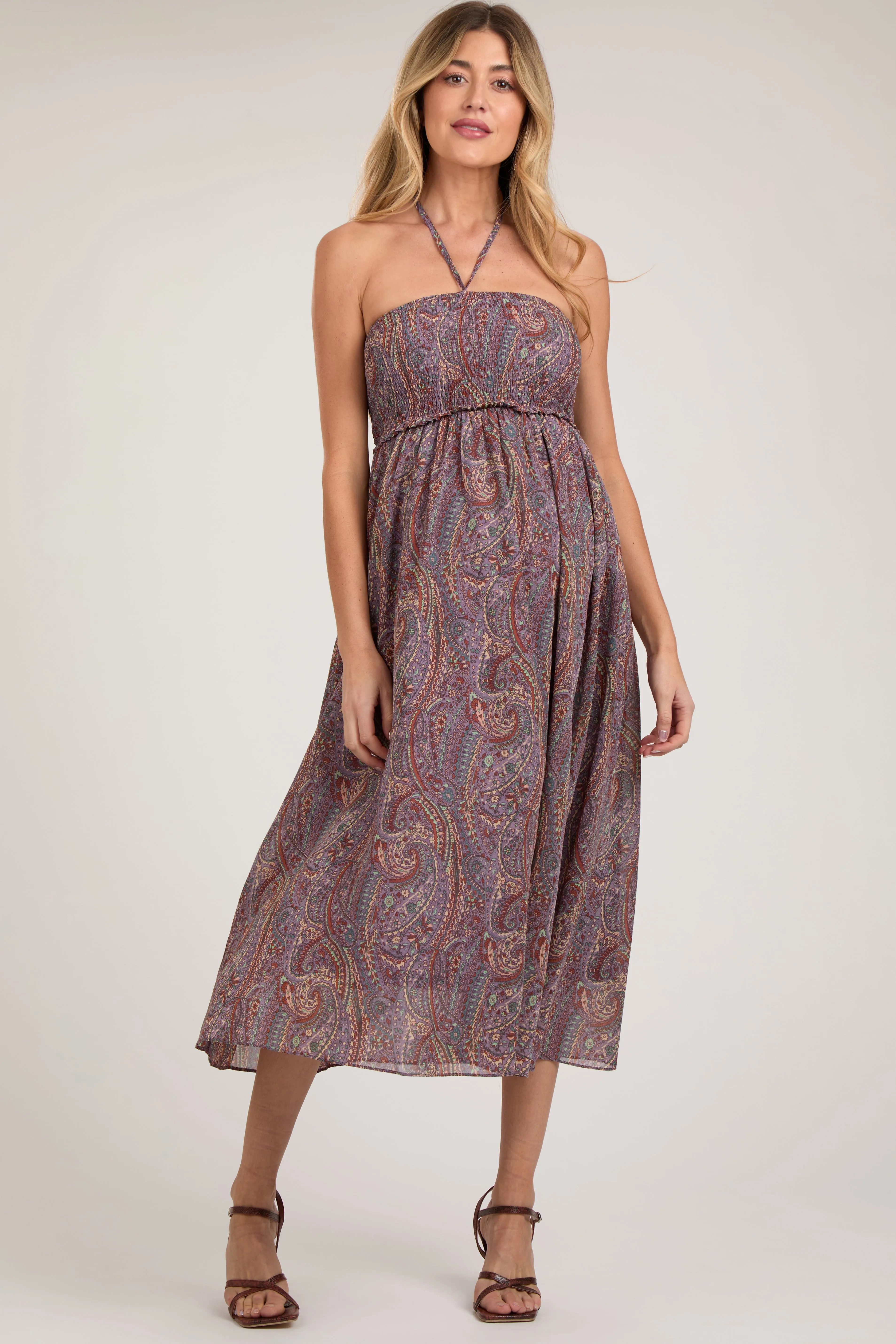 Purple Paisley Halter Smocked Maternity Midi Dress sold by Pinkblush product image thumbnail 2