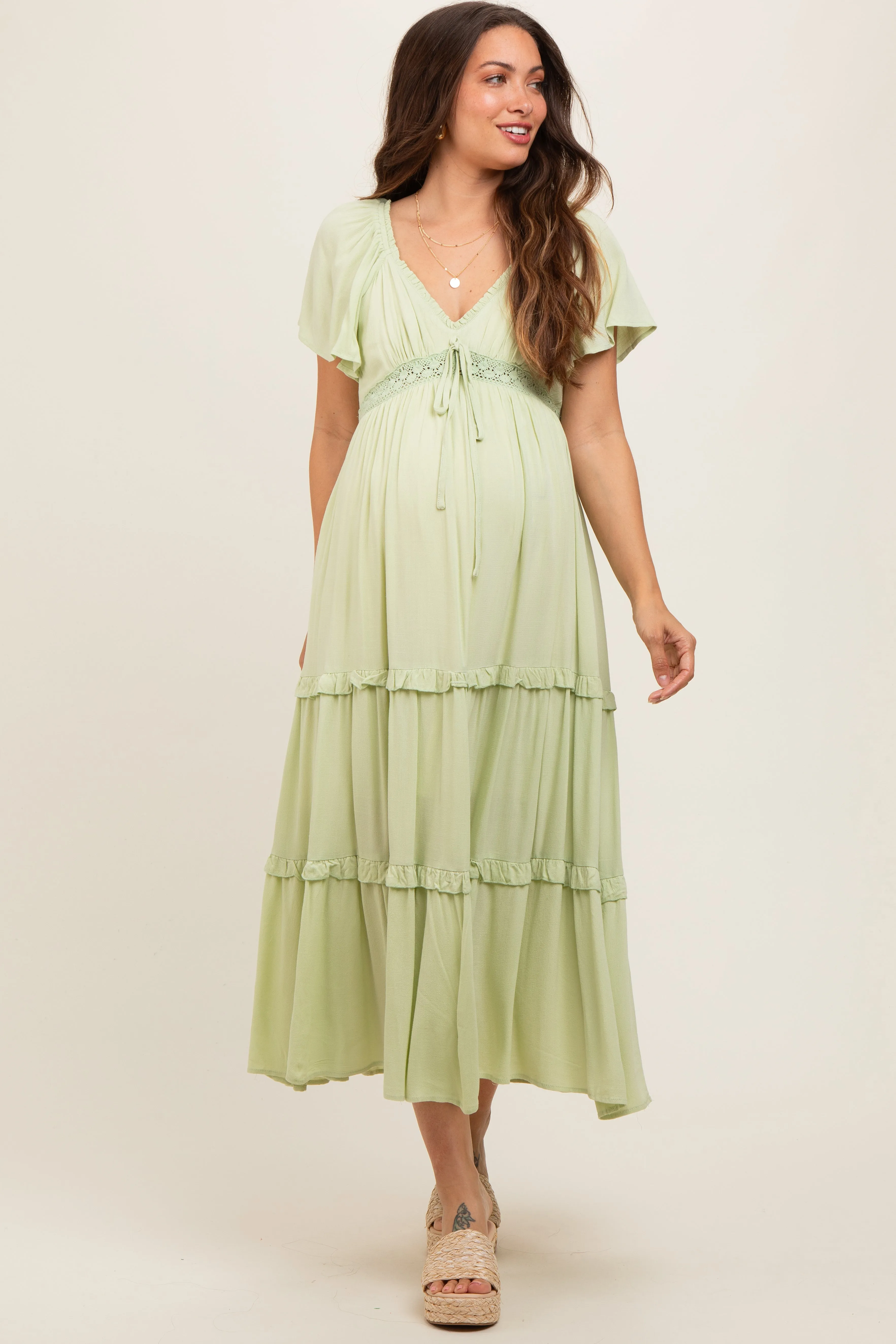 Sage Crochet Lace Tiered Ruffle Maternity Maxi Dress sold by Pinkblush product image thumbnail 2