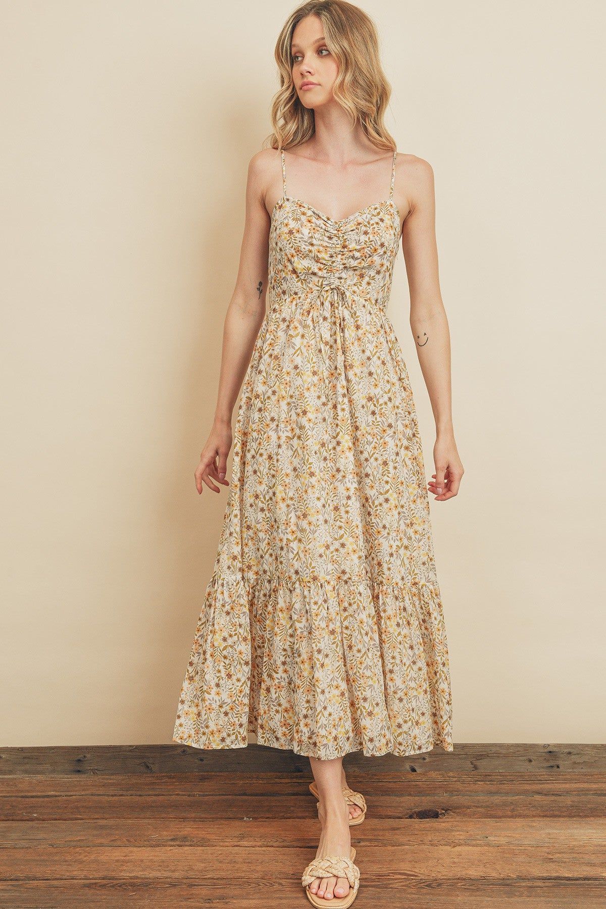 Cream Floral Cinched Top A-Line Maxi Dress sold by Pinkblush