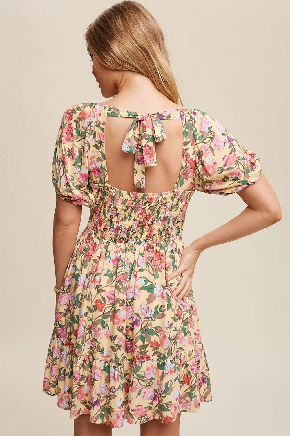 Cream Floral Print Puff Sleeve Dress With Back Tie sold by Pinkblush product image thumbnail 3