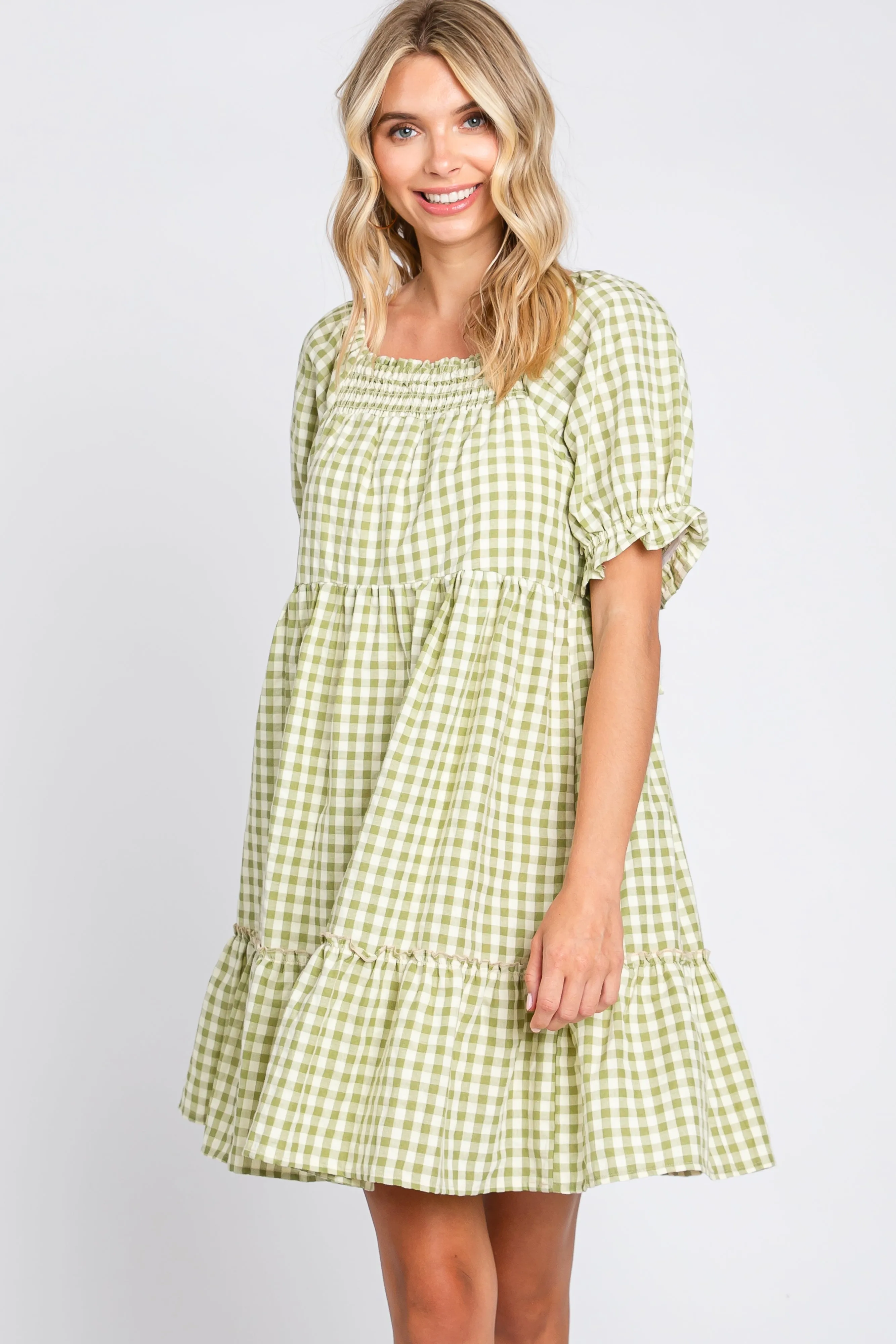 Sage Gingham Tiered Dress sold by Pinkblush