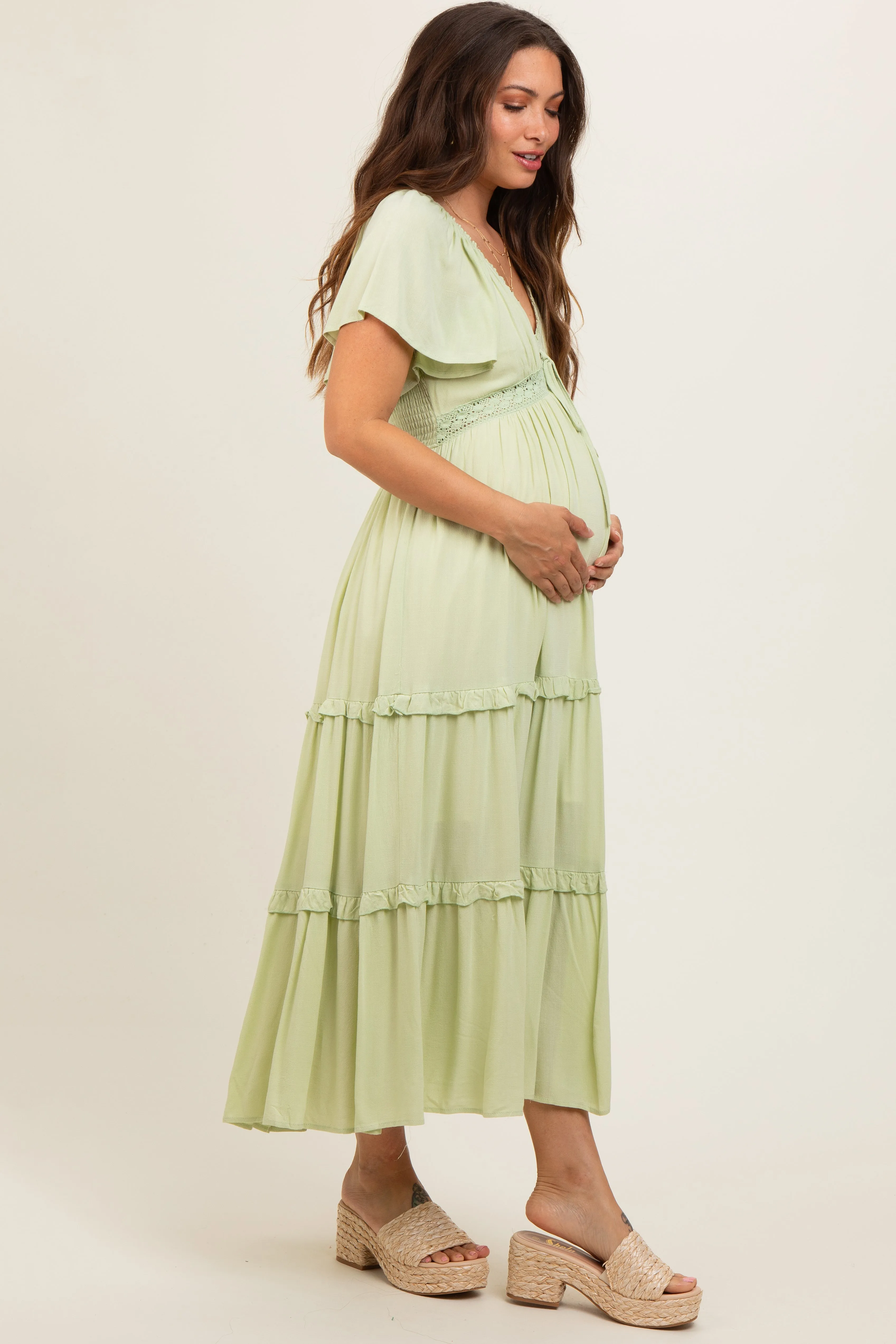 Sage Crochet Lace Tiered Ruffle Maternity Maxi Dress sold by Pinkblush product image thumbnail 3