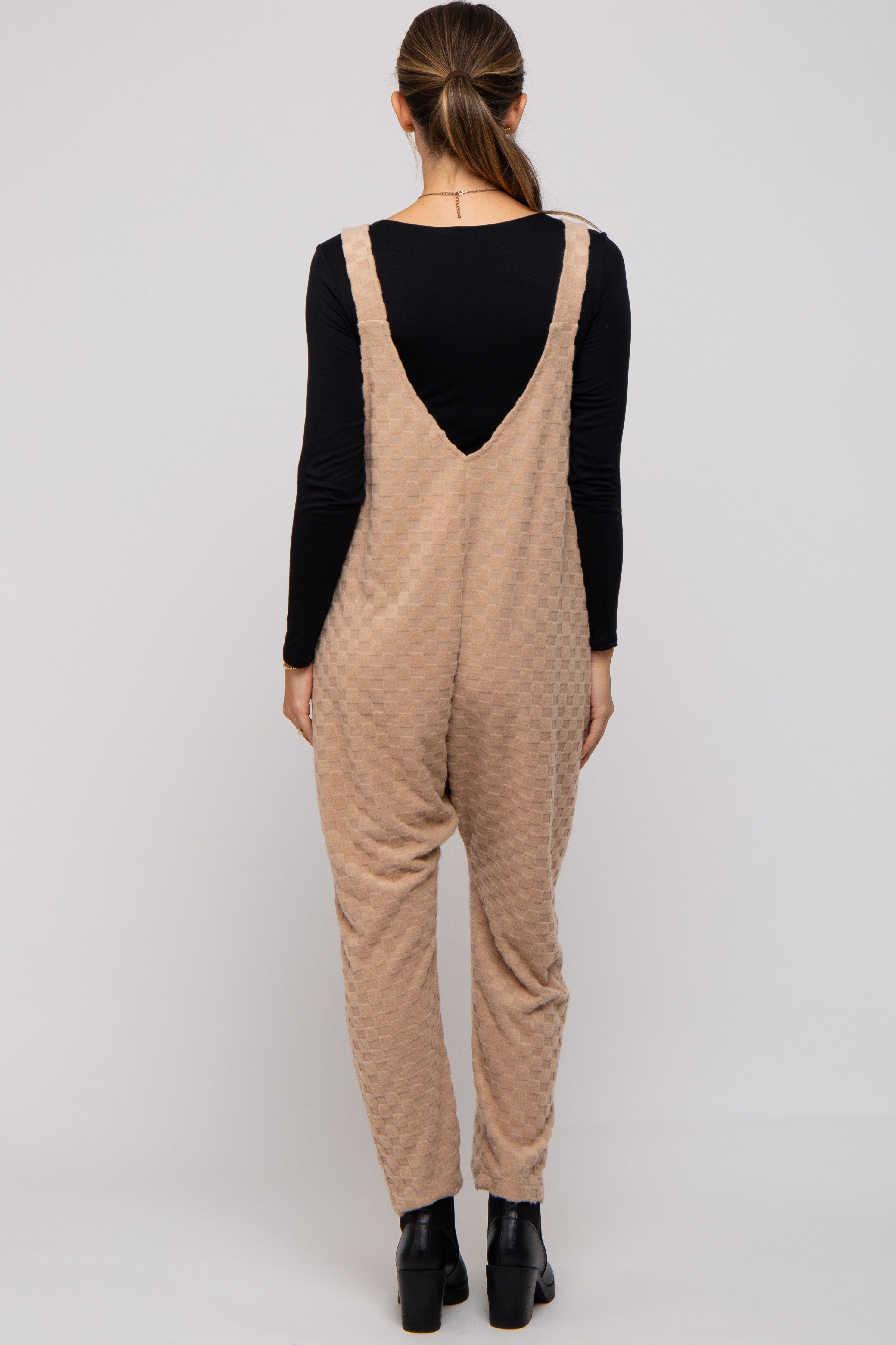 Taupe Checkered Soft Knit Maternity Overall sold by Pinkblush product image thumbnail 3