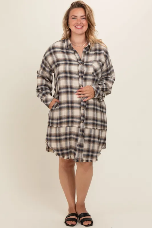 Taupe Plaid Button Down Raw Hem Plus Maternity Dress sold by Pinkblush