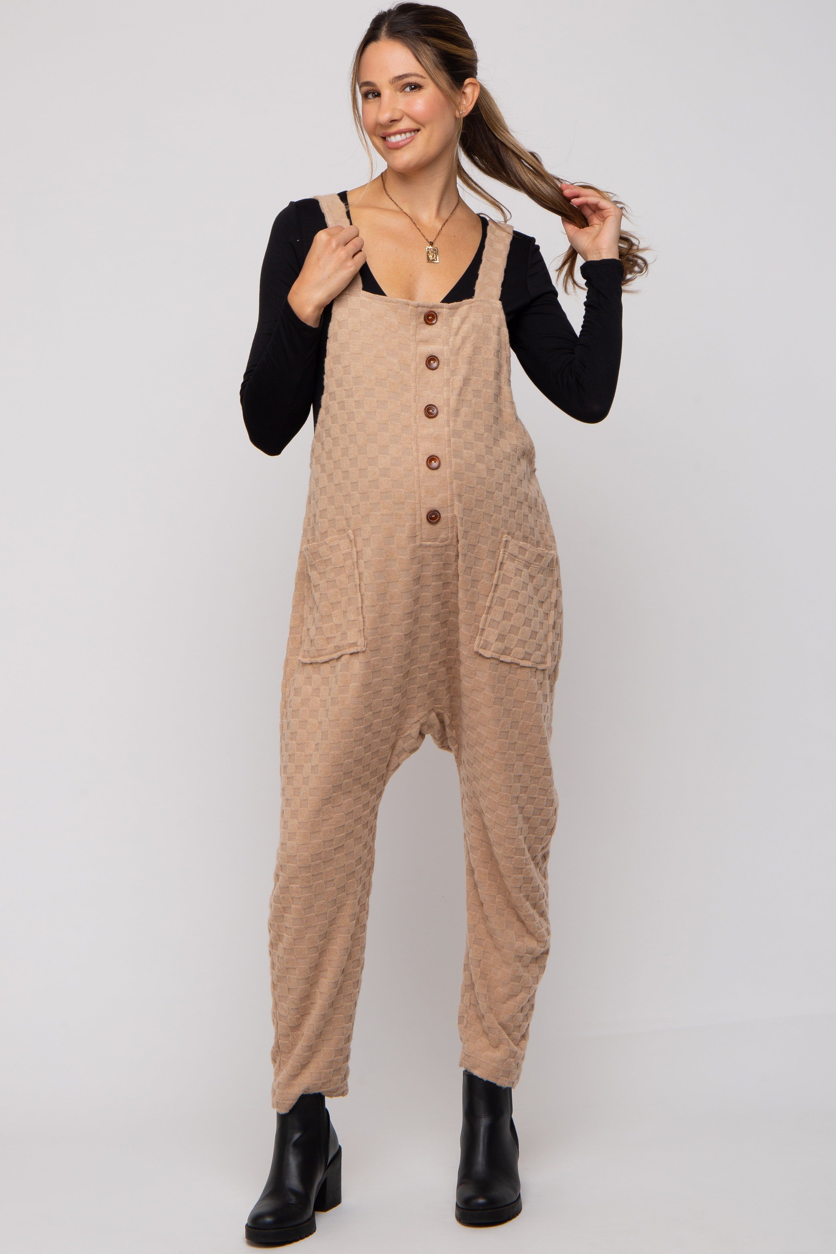 Taupe Checkered Soft Knit Maternity Overall sold by Pinkblush product image thumbnail 4