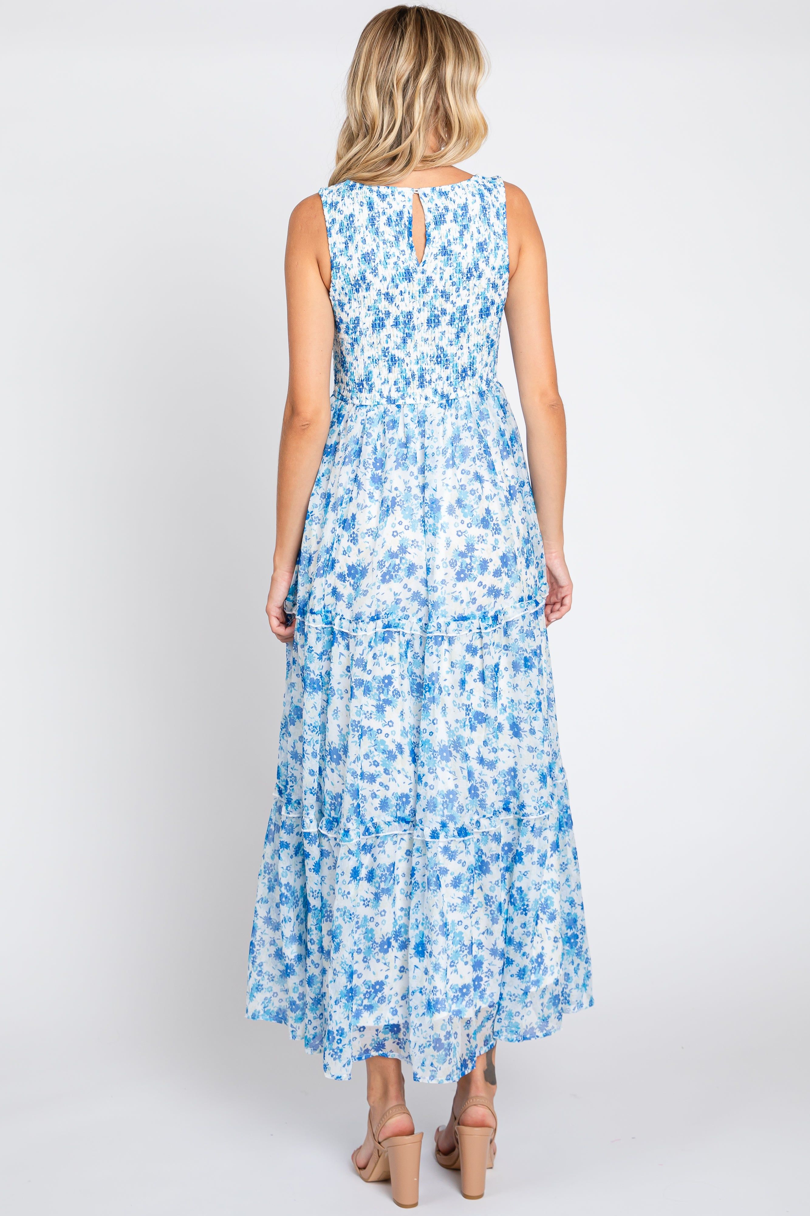Blue Floral Sleeveless Tiered Maxi Dress sold by Pinkblush product image thumbnail 3