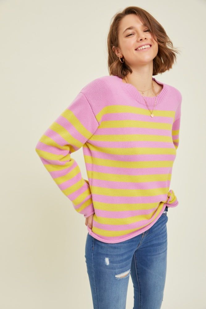Lilac Soft Round Neck Sweater Top With Stripes sold by Pinkblush