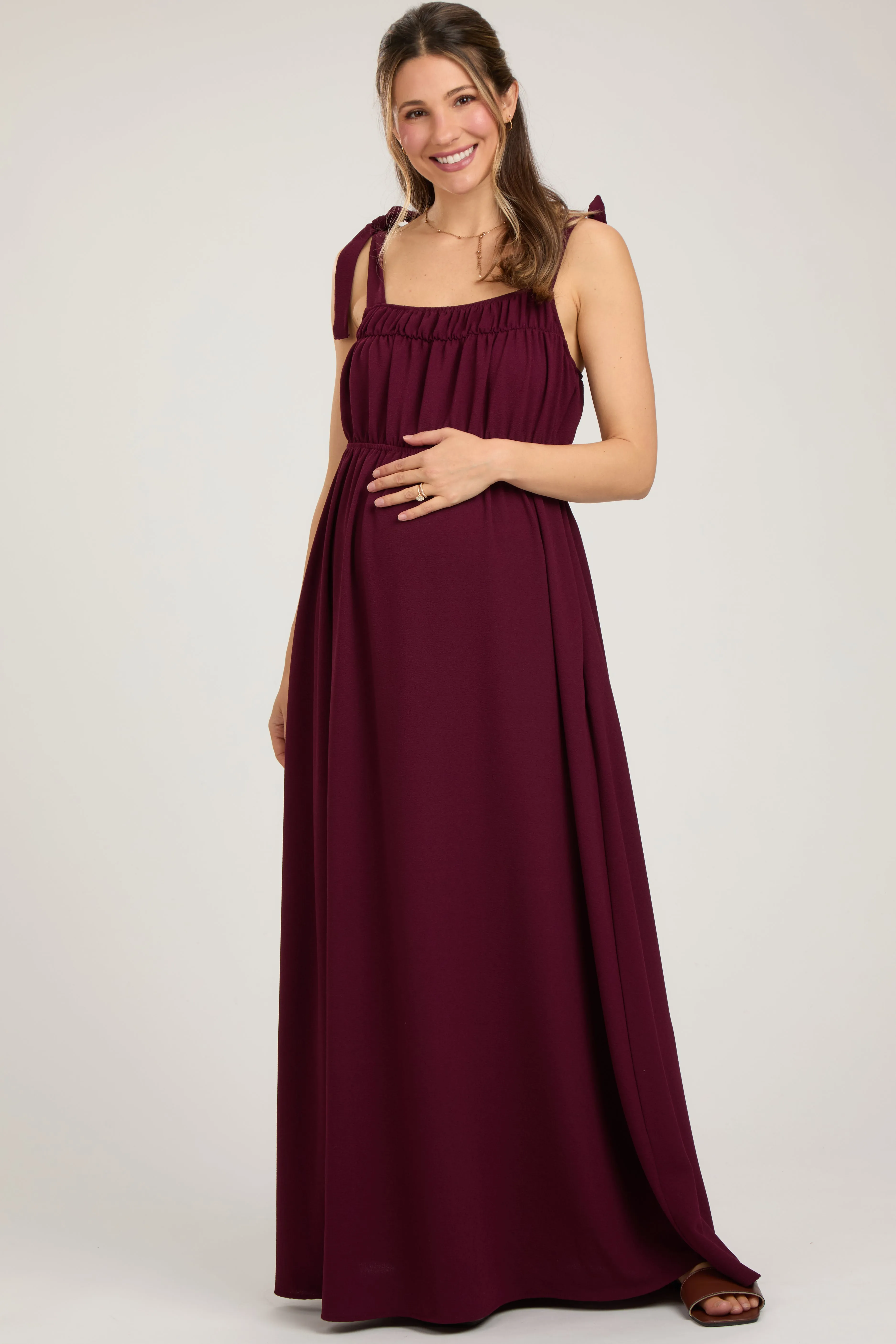 Plum Square Neck Shoulder Tie Maternity Maxi Dress sold by Pinkblush