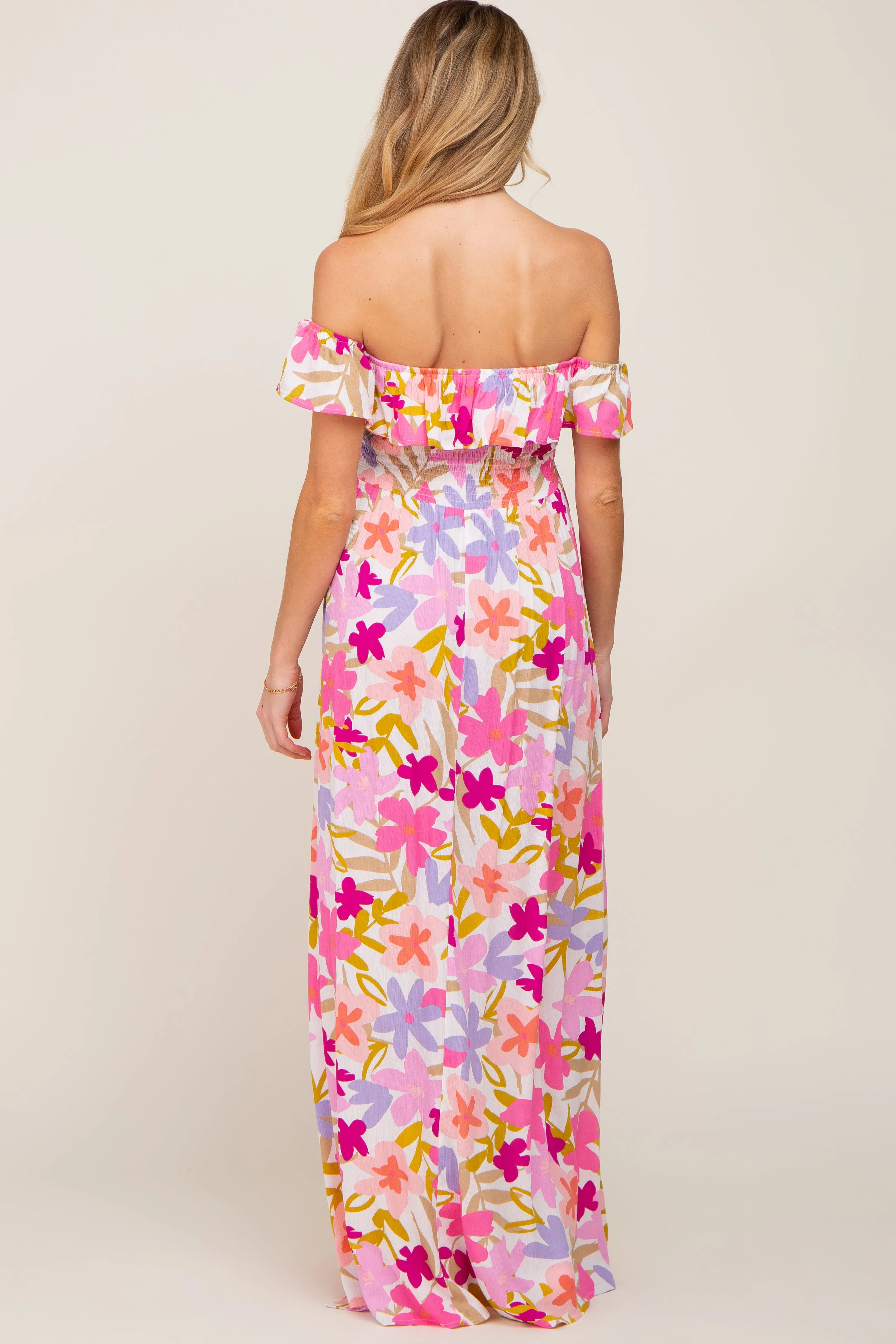 Fuchsia Floral Strapless Smocked Off-Shoulder Maternity Maxi Dress sold by Pinkblush product image thumbnail 3