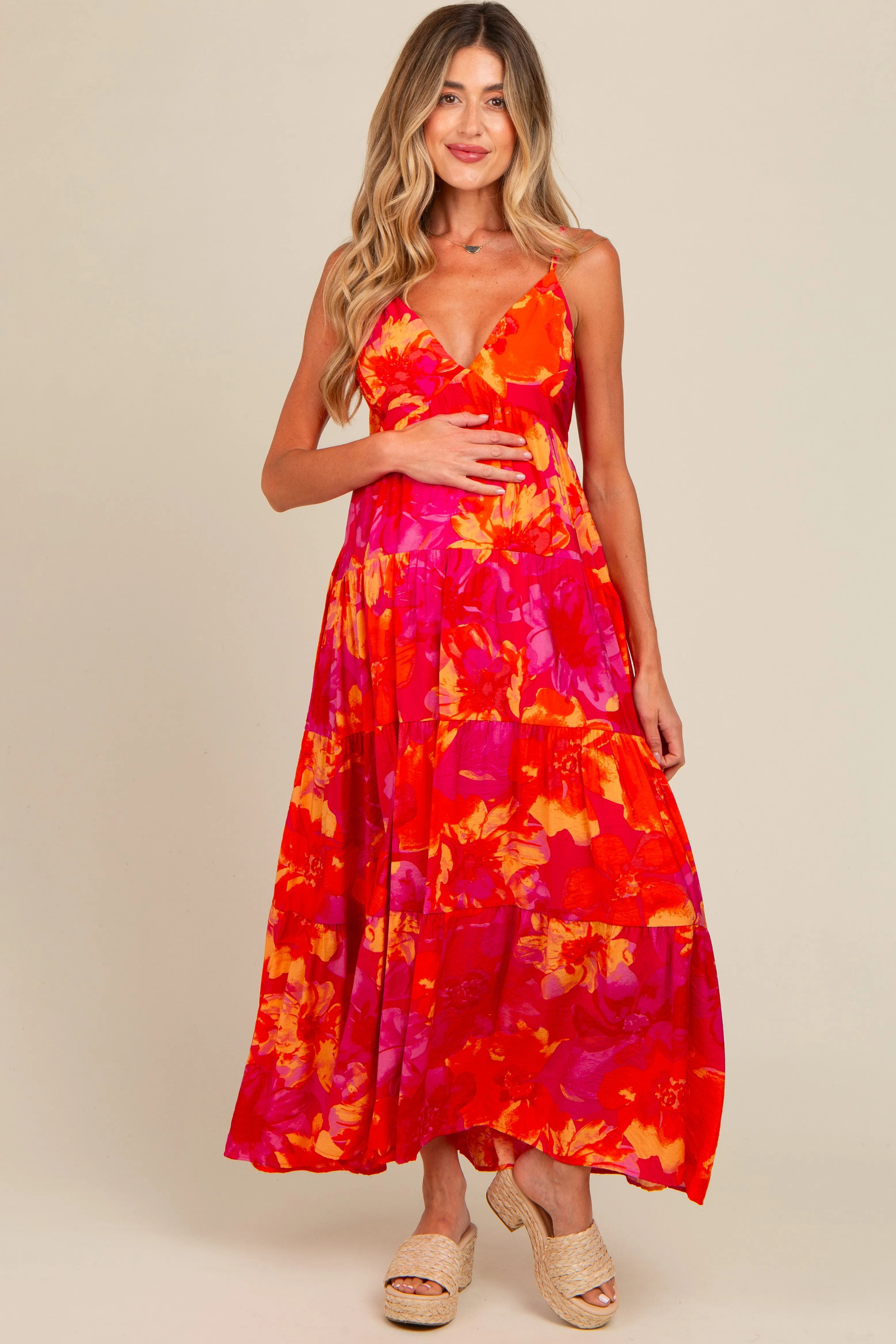 Orange Floral Print Tiered Maternity Dress sold by Pinkblush product image thumbnail 2