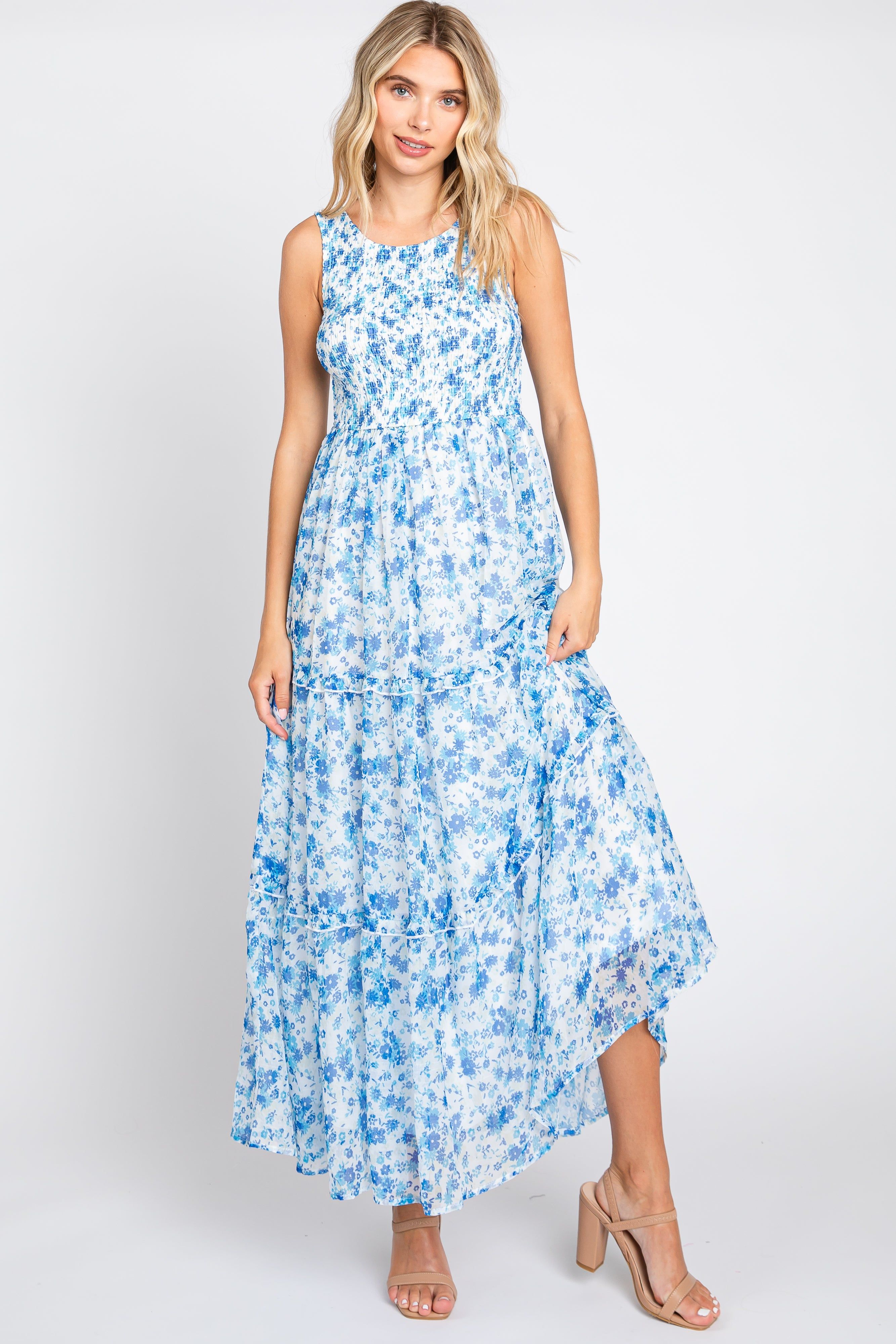 Blue Floral Sleeveless Tiered Maxi Dress sold by Pinkblush product image thumbnail 4