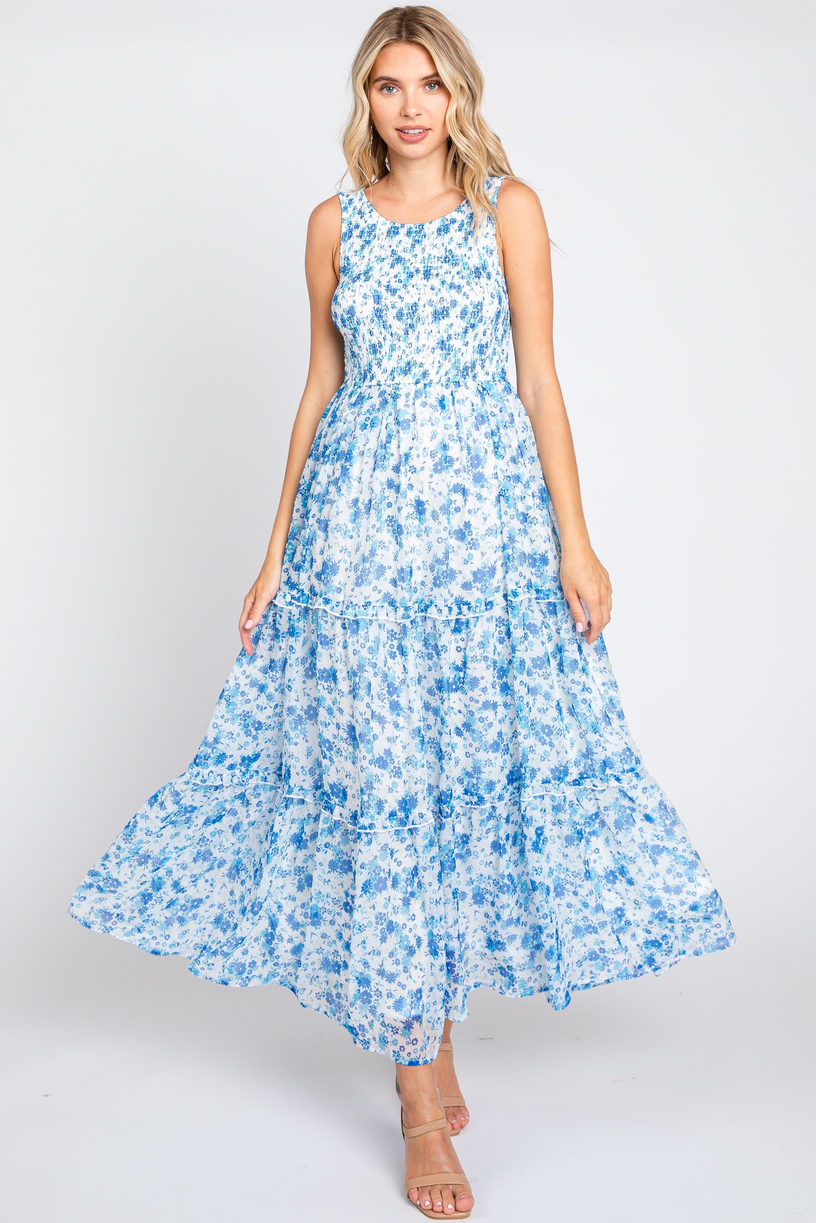 Blue Floral Sleeveless Tiered Maxi Dress sold by Pinkblush