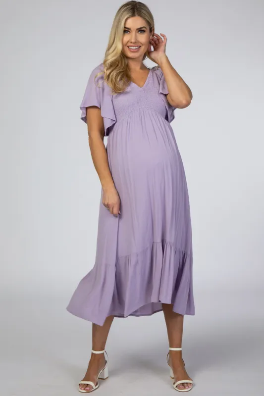 Lavender Smocked Ruffle Maternity Dress sold by Pinkblush