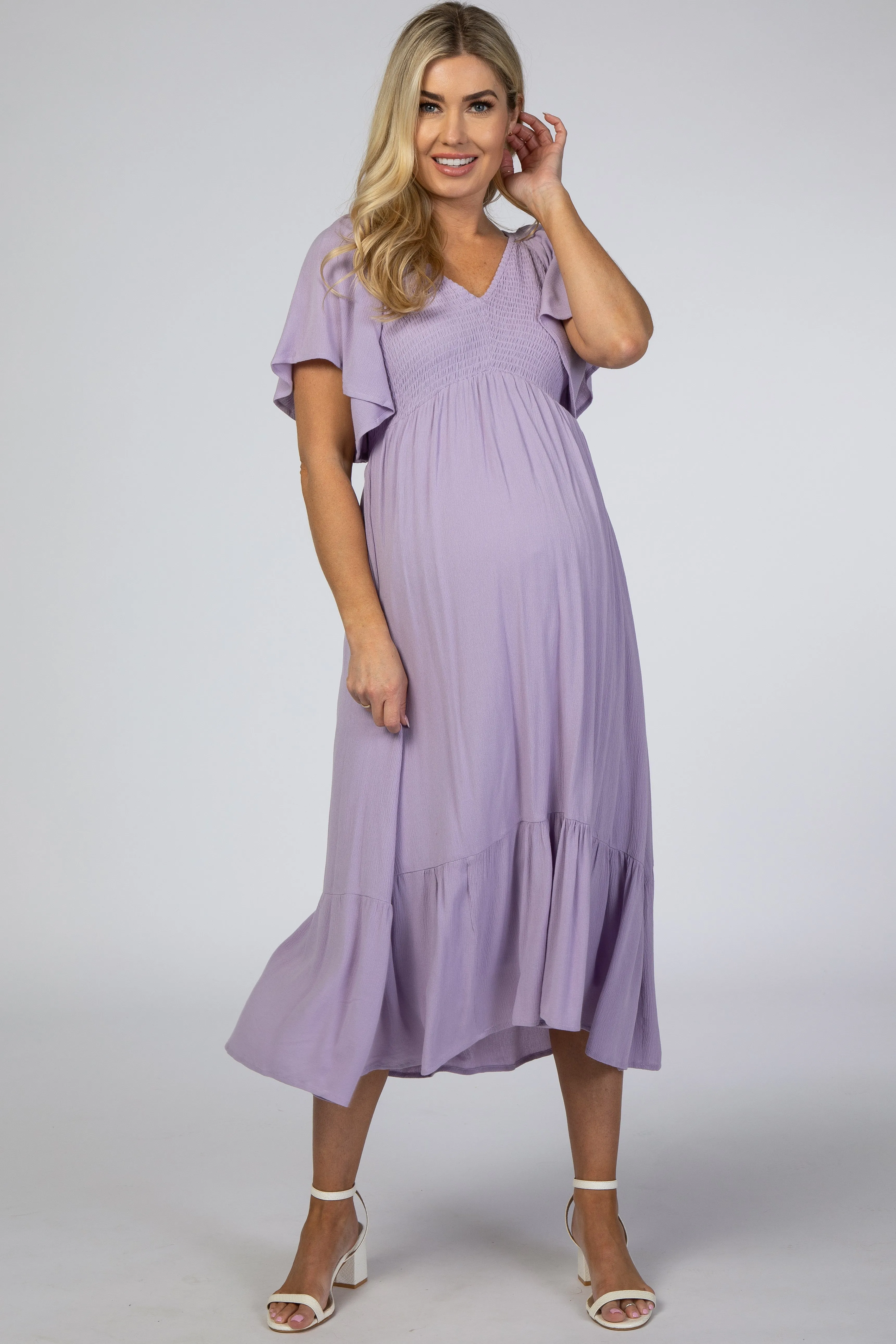 Lavender Smocked Ruffle Maternity Dress sold by Pinkblush