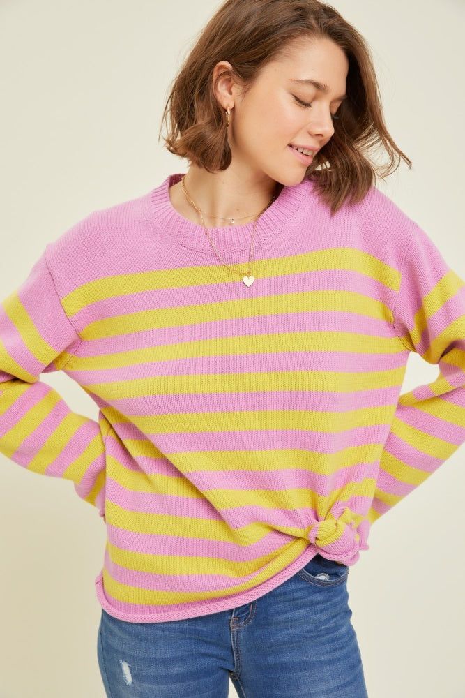 Lilac Soft Round Neck Sweater Top With Stripes sold by Pinkblush product image thumbnail 2