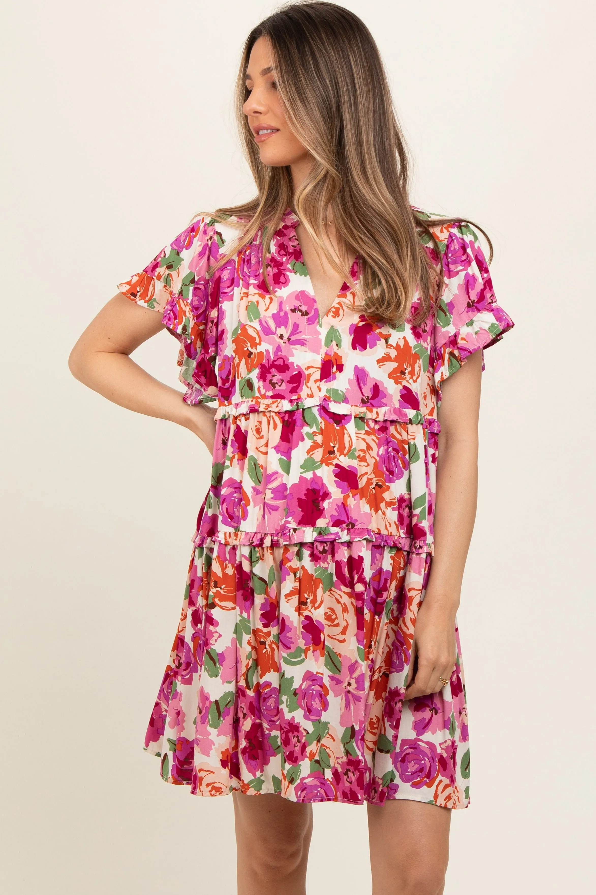 Cream Floral Ruffle Tiered V-Neck Maternity Dress sold by Pinkblush product image thumbnail 2