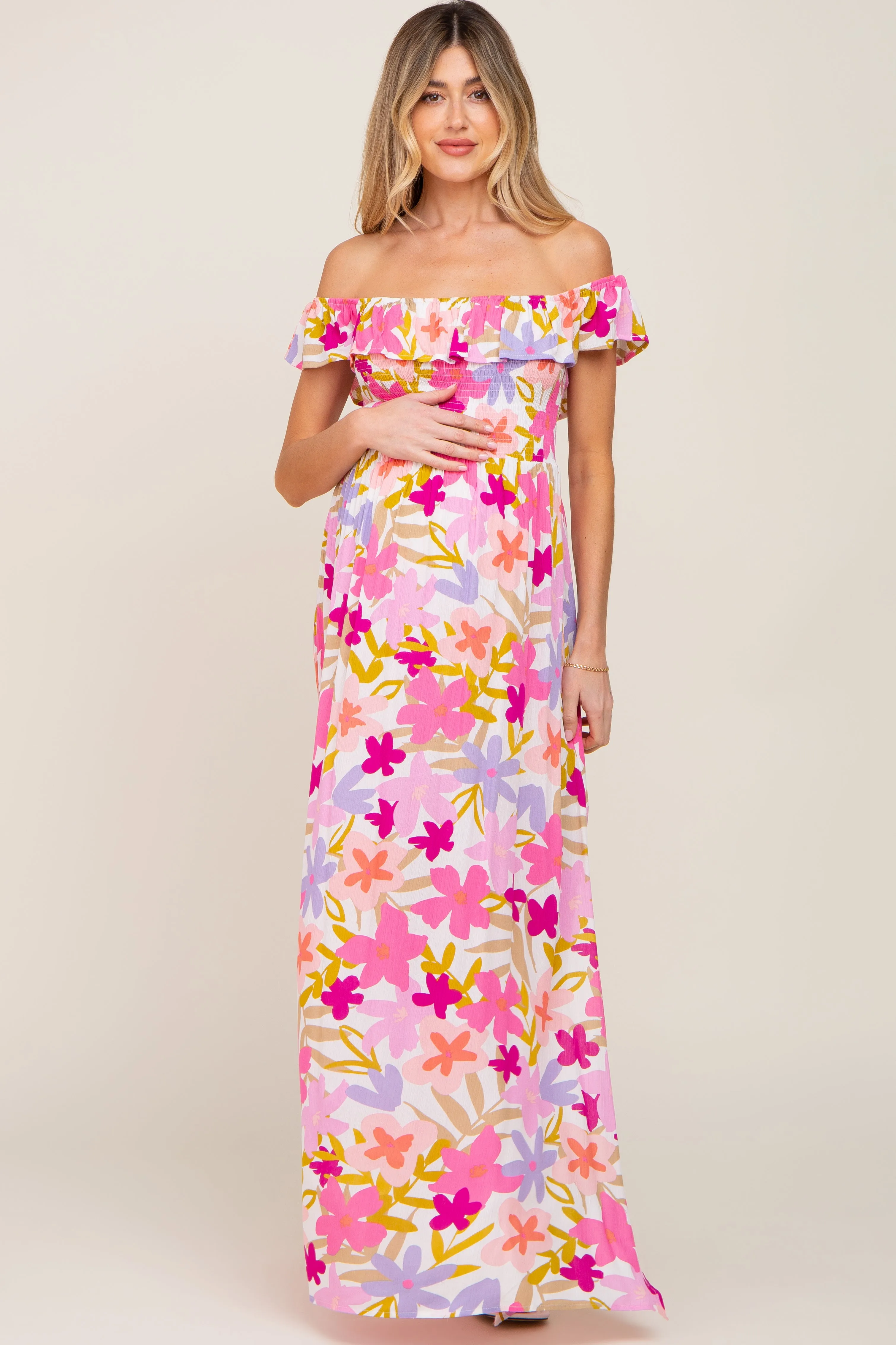 Fuchsia Floral Strapless Smocked Off-Shoulder Maternity Maxi Dress sold by Pinkblush product image thumbnail 4