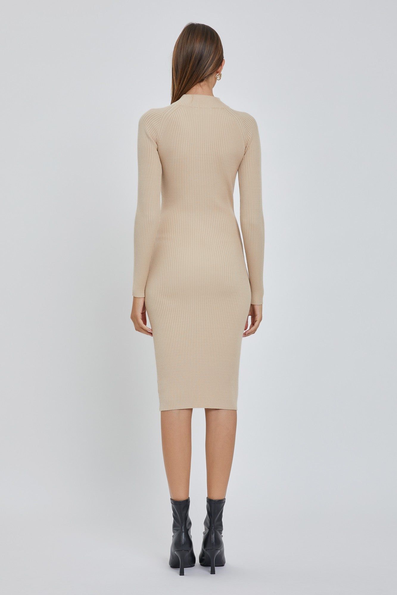 Beige Ribbed Fitted Mock Neck Long Sleeve Dress sold by Pinkblush product image thumbnail 4