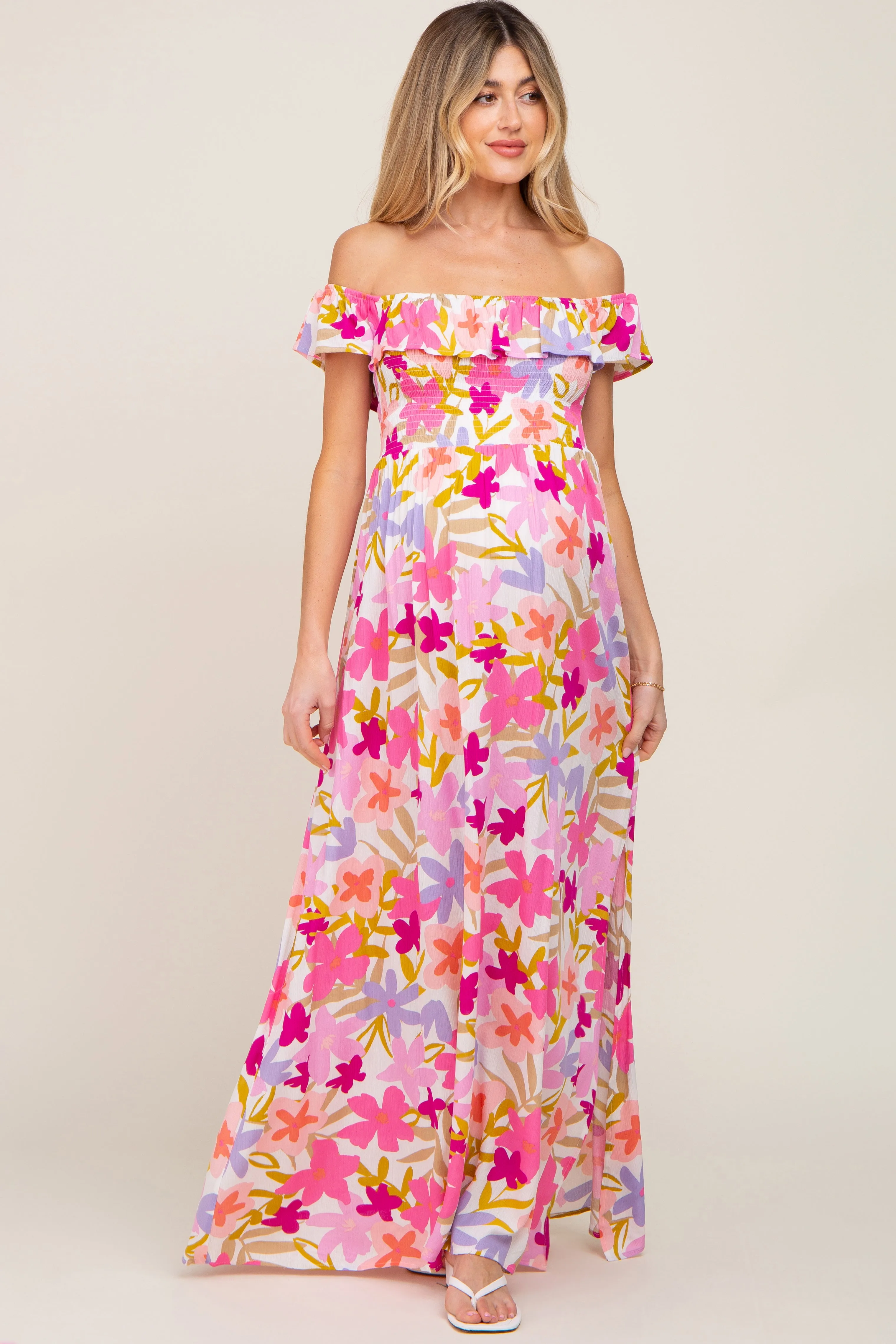 Fuchsia Floral Strapless Smocked Off-Shoulder Maternity Maxi Dress sold by Pinkblush