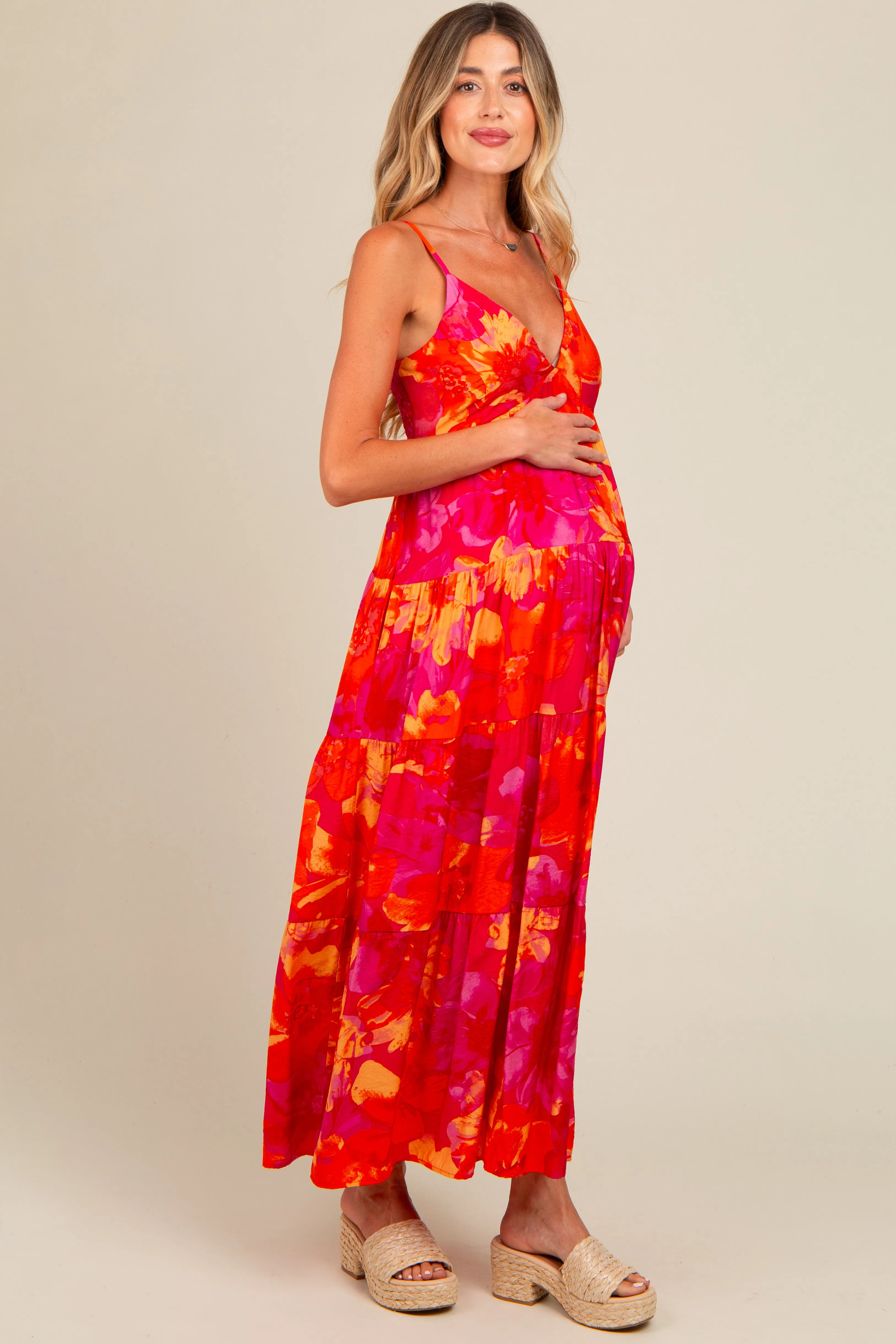 Orange Floral Print Tiered Maternity Dress sold by Pinkblush product image thumbnail 3