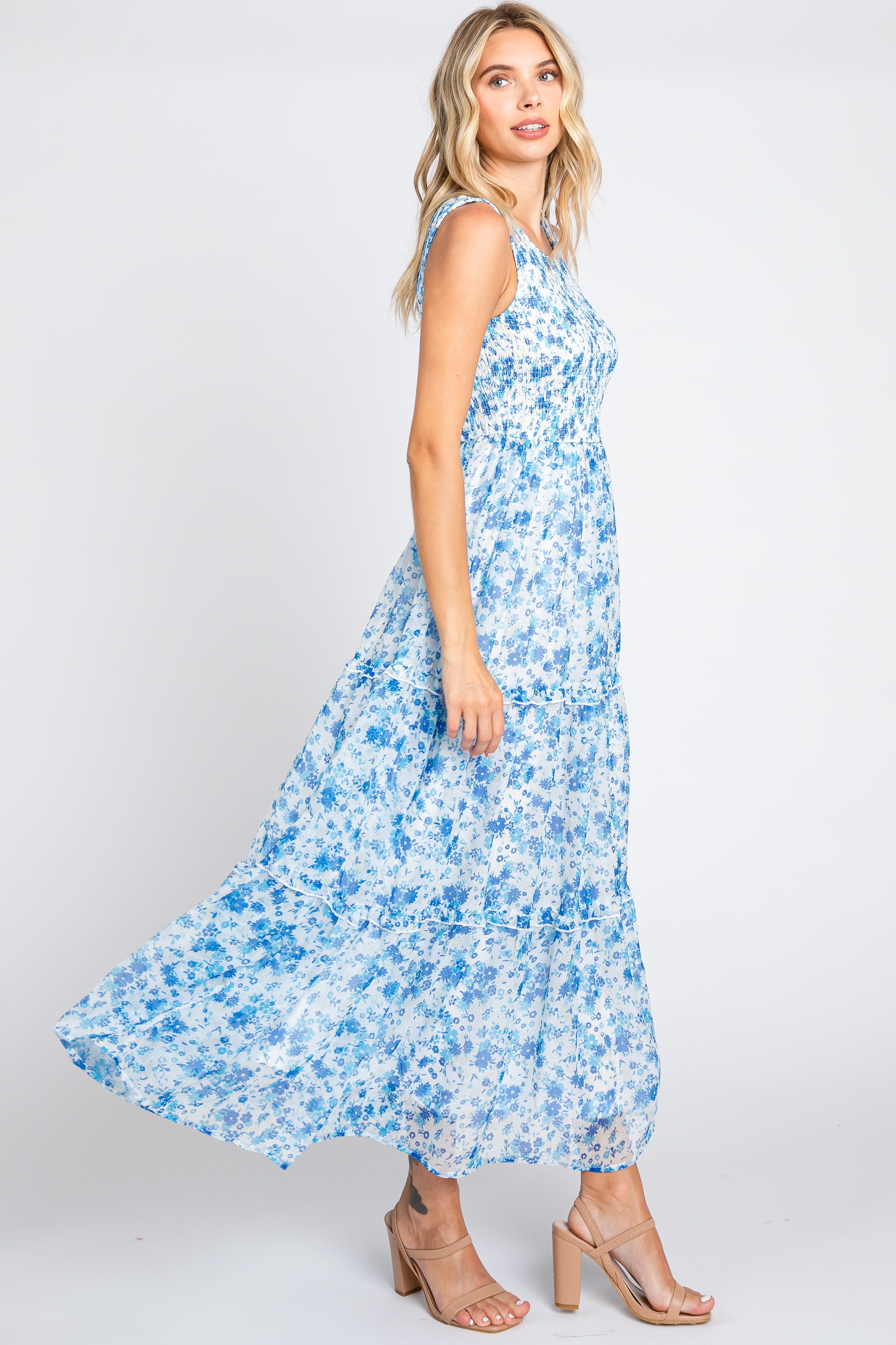 Blue Floral Sleeveless Tiered Maxi Dress sold by Pinkblush product image thumbnail 2
