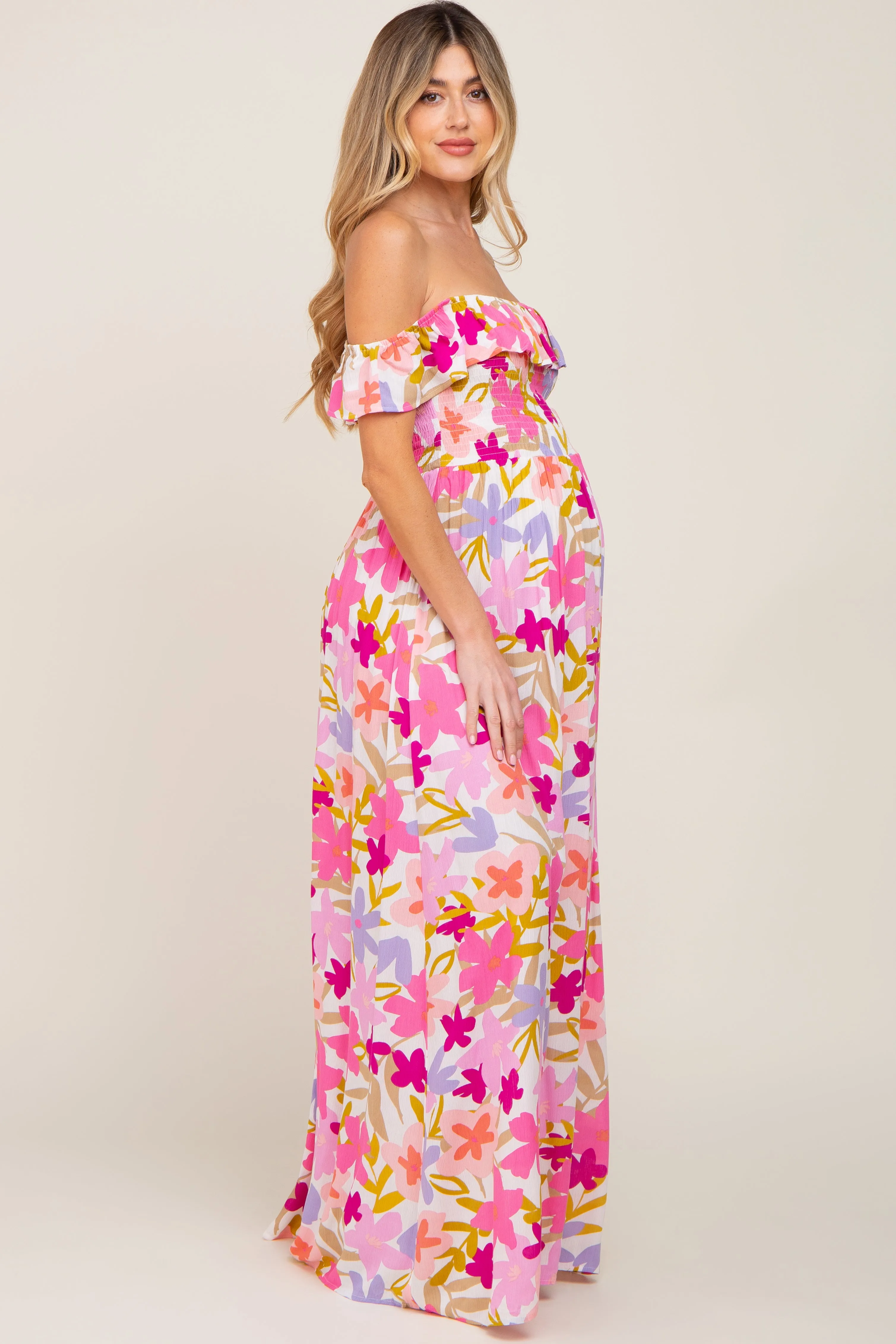 Fuchsia Floral Strapless Smocked Off-Shoulder Maternity Maxi Dress sold by Pinkblush product image thumbnail 2