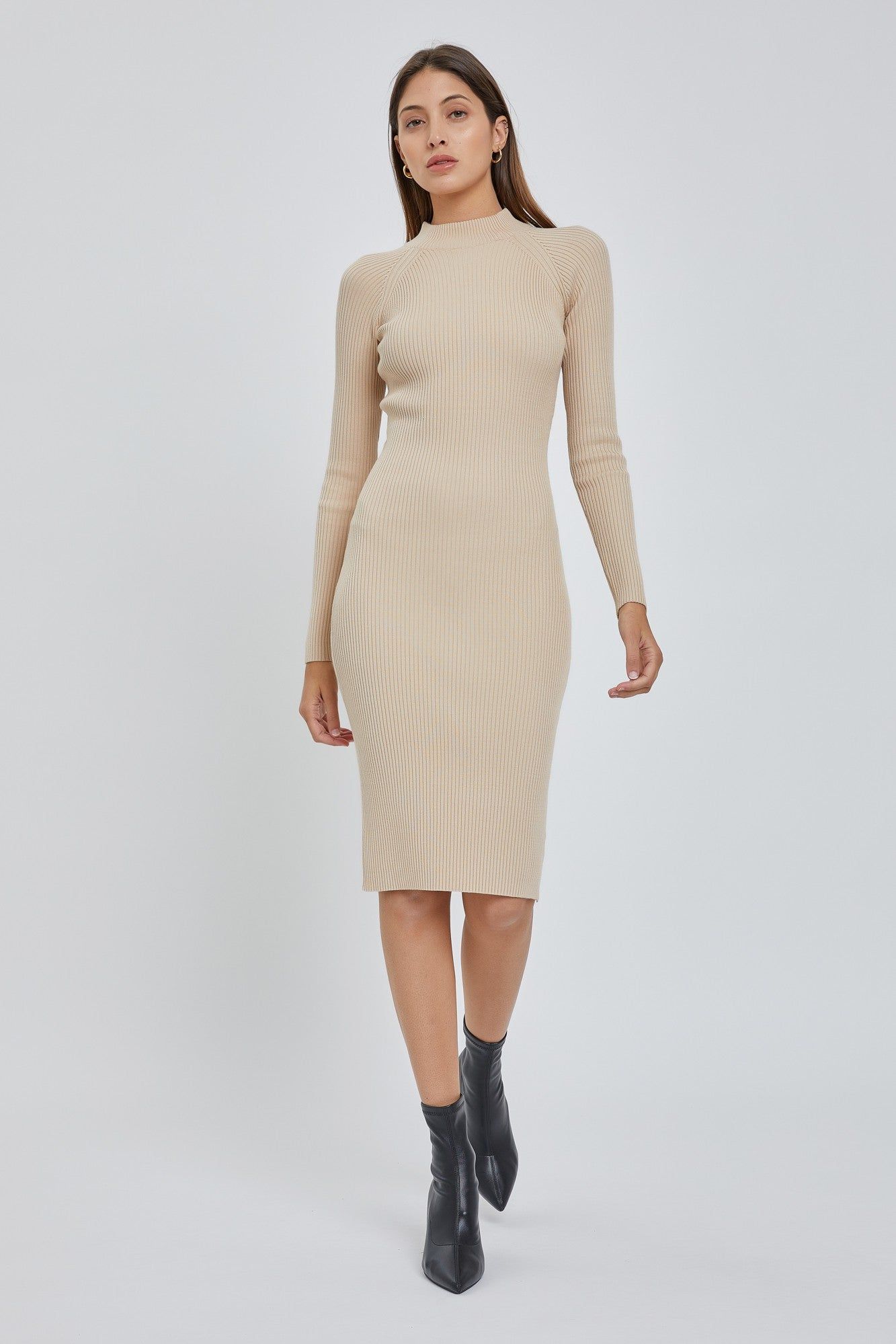 Beige Ribbed Fitted Mock Neck Long Sleeve Dress sold by Pinkblush product image thumbnail 2