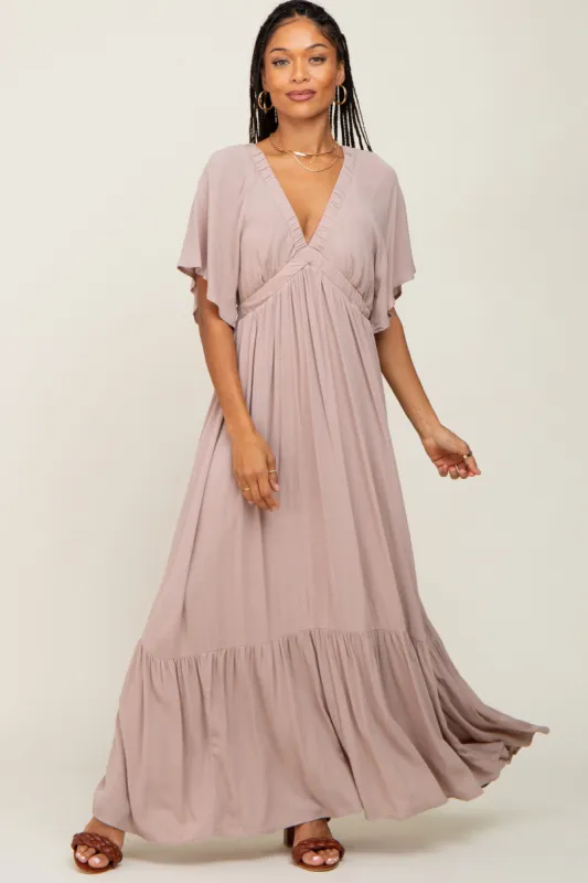 Taupe V-Neck Flounce Sleeve Maxi Dress sold by Pinkblush