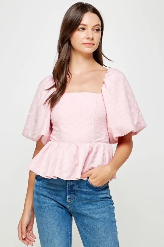Pink Balloon Sleeve Jacquard Top sold by Pinkblush
