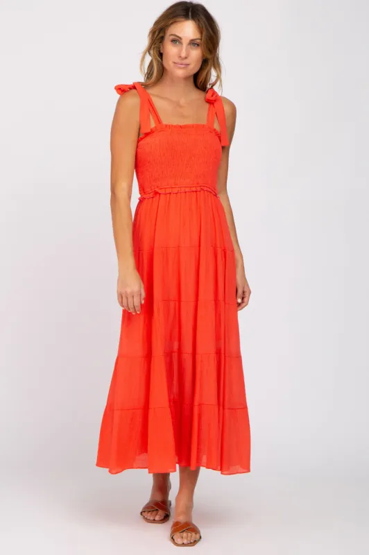 Red Smocked Tie Strap Tiered Midi Dress sold by Pinkblush