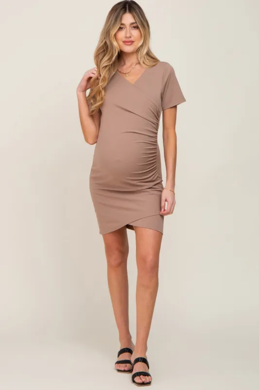Taupe Ruched Wrap Tulip Hem Fitted Maternity/Nursing Dress sold by Pinkblush