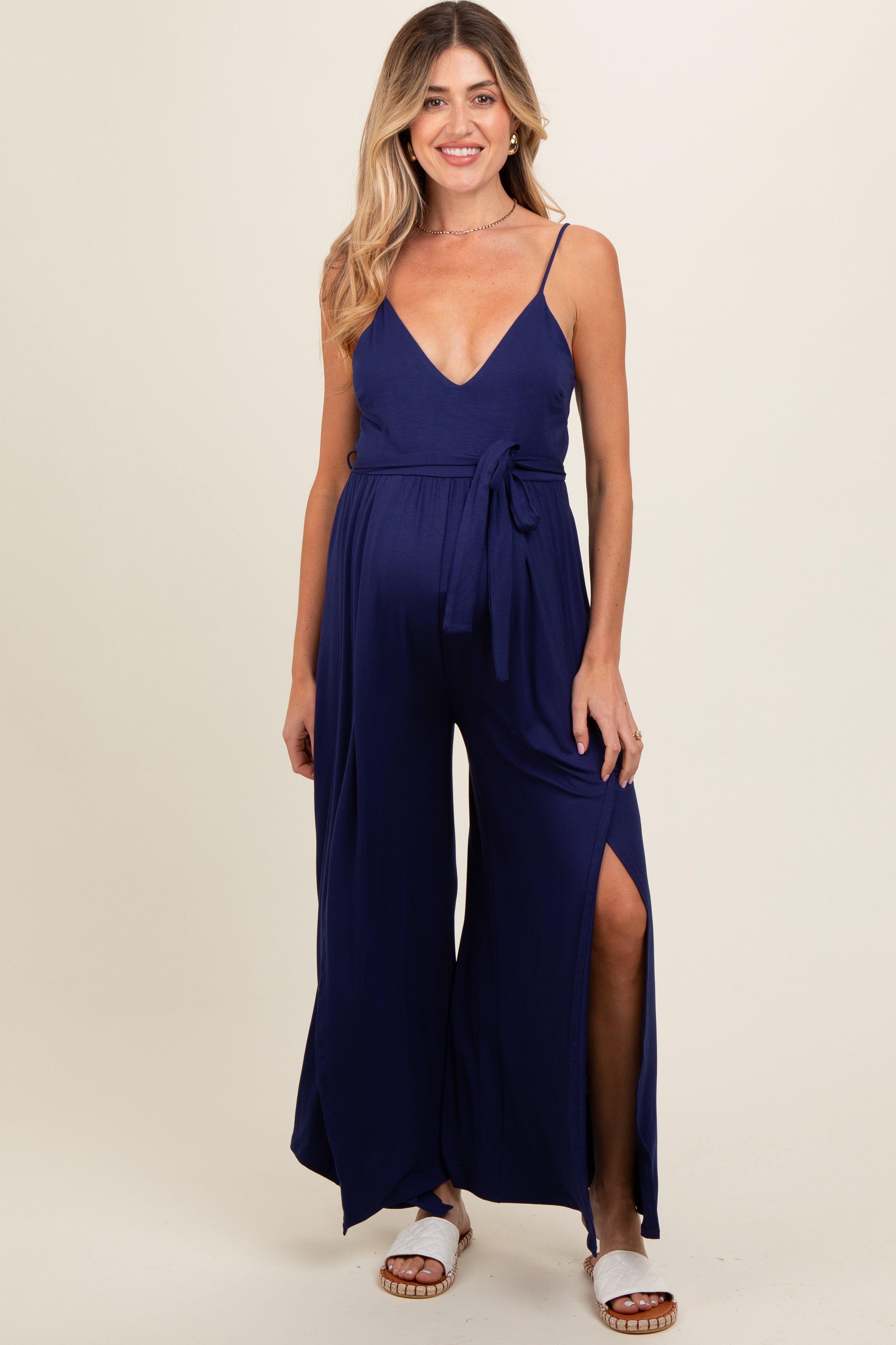 Navy Blue Sleeveless V-Neck Split Hem Maternity Jumpsuit sold by Pinkblush
