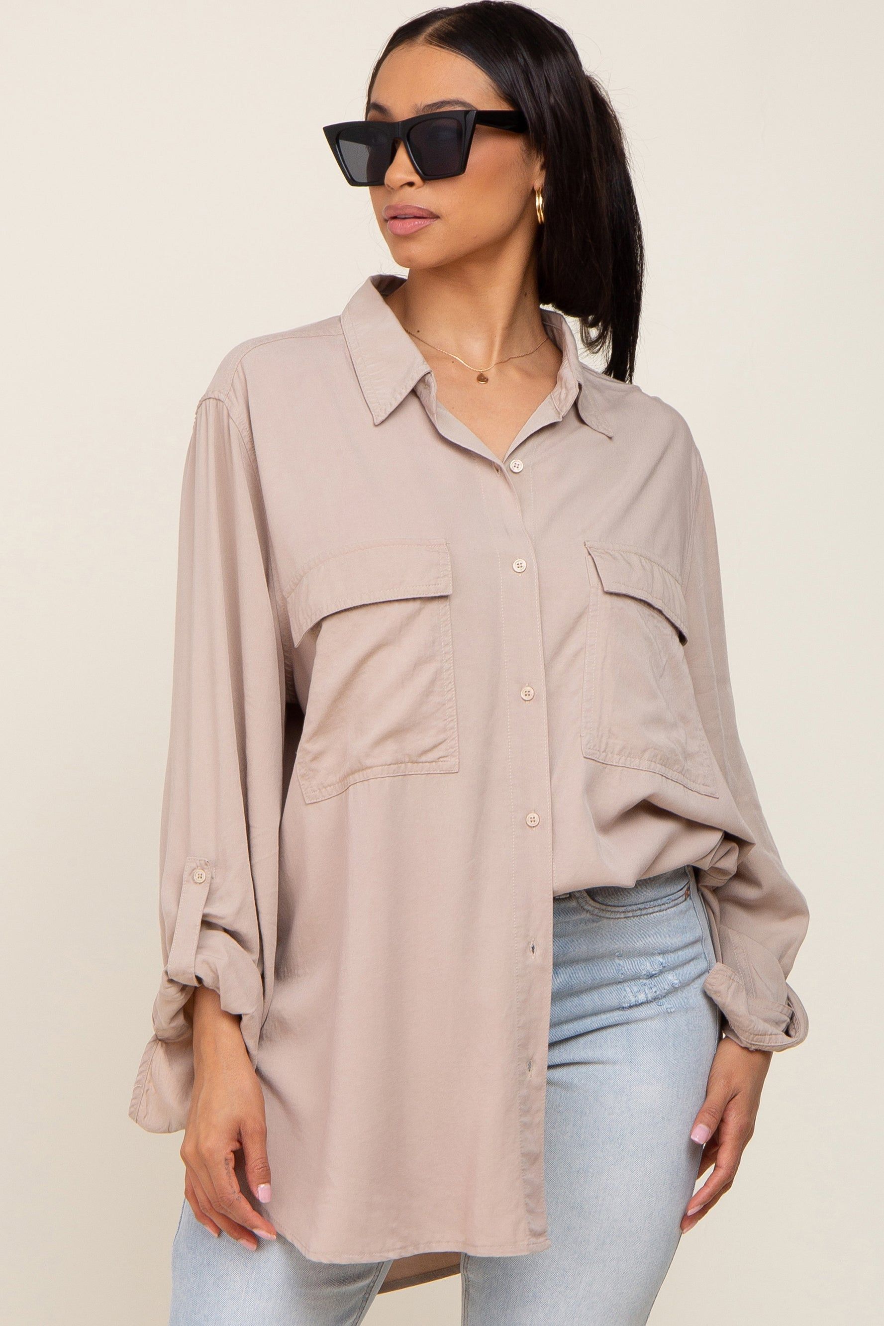 Beige Oversized Button Down Blouse sold by Pinkblush product image thumbnail 2