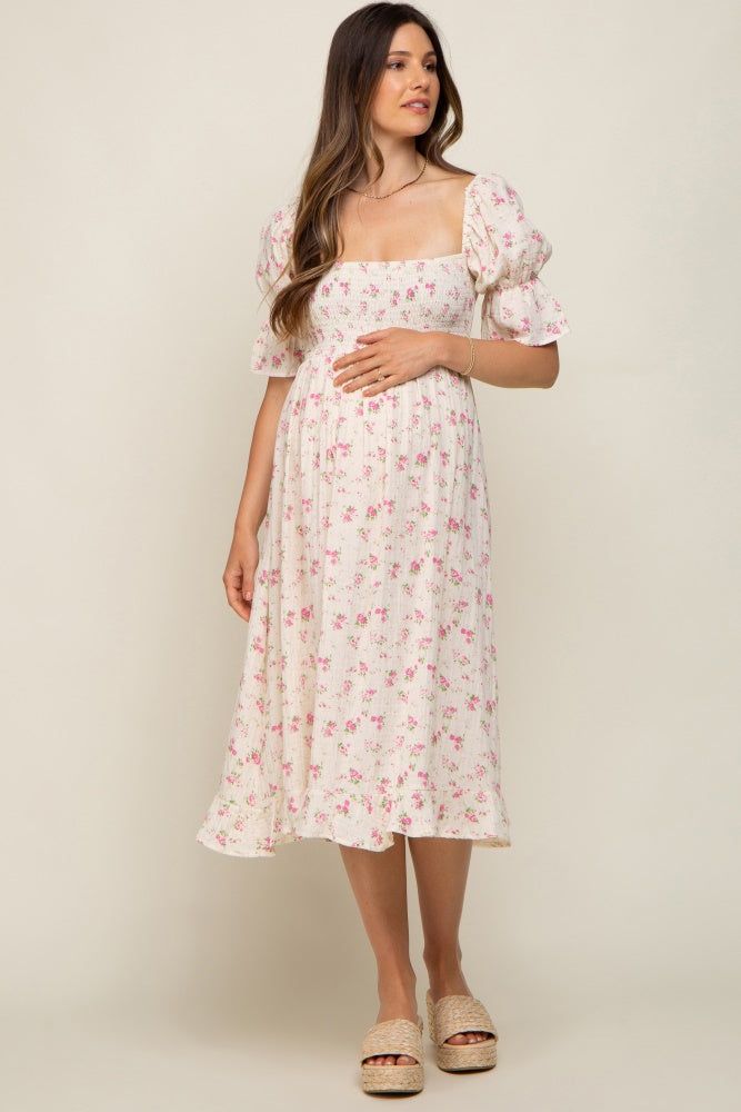 Pink Floral Smocked Gauze Maternity Midi Dress sold by Pinkblush