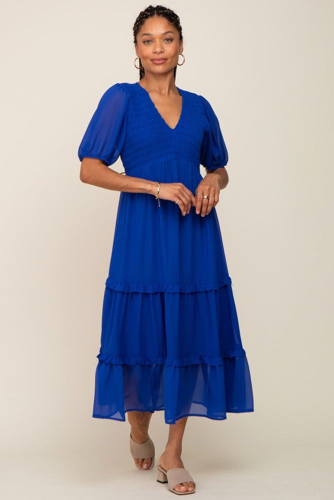Royal Blue Chiffon Smocked V-Neck Ruffle Tiered Midi Dress sold by Pinkblush product image thumbnail 4