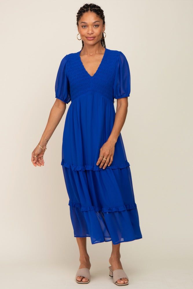 Royal Blue Chiffon Smocked V-Neck Ruffle Tiered Midi Dress sold by Pinkblush